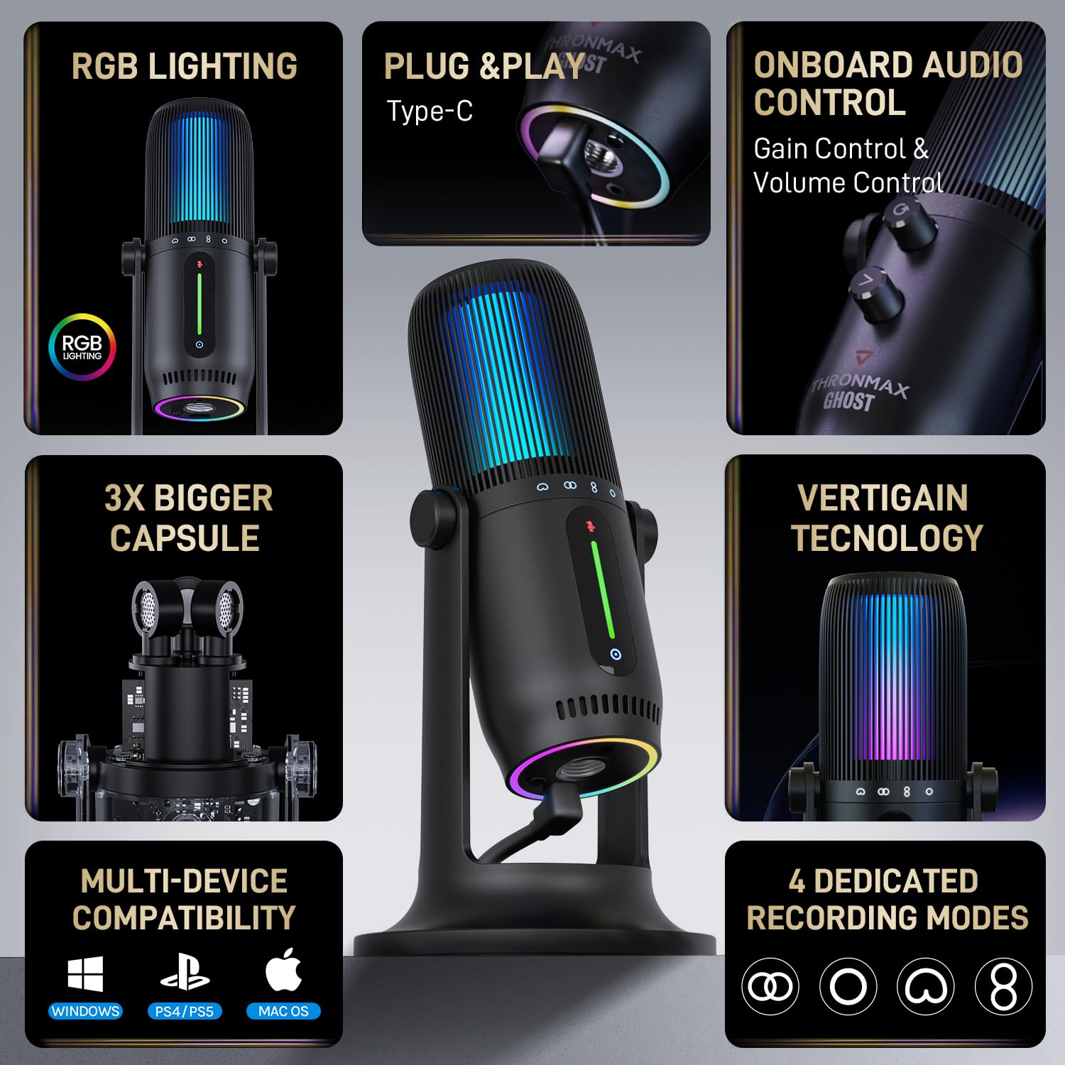 THRONMAX MDrill Ghost RGB Streamer Mic- USB Dynamic Microphone with 4 Recording Modes- for Gaming Streaming, Podcasts - Image 2