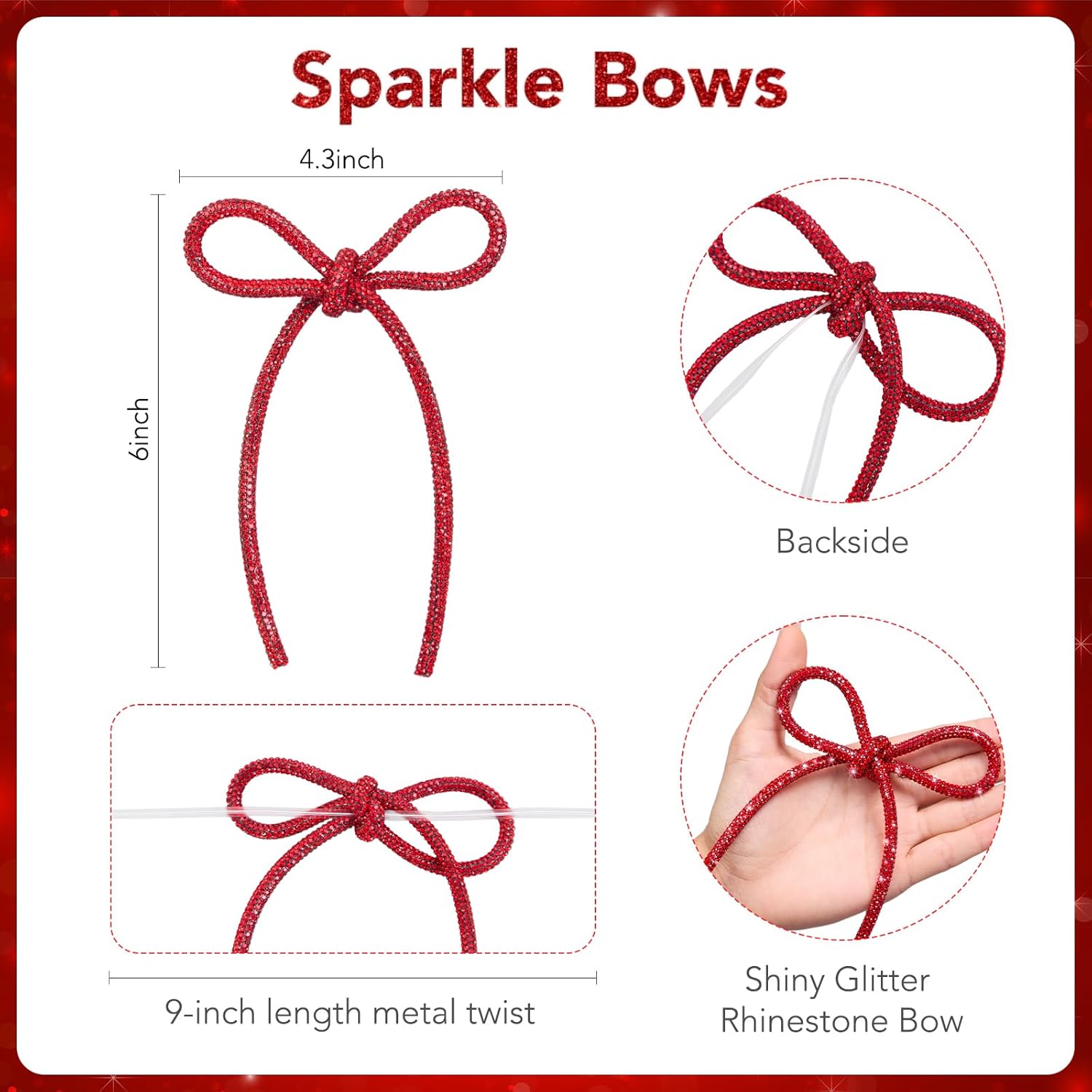 FLAIR GIFTS 12 Pcs 4.3" x 6" 2025 Christmas Bows for Tree Decor, Green and Red Sparkly Glitter Rhinestone Bow Ornaments with Twist Tie for Xmas Decoration, Wreath, Garland, Gift Wrapping