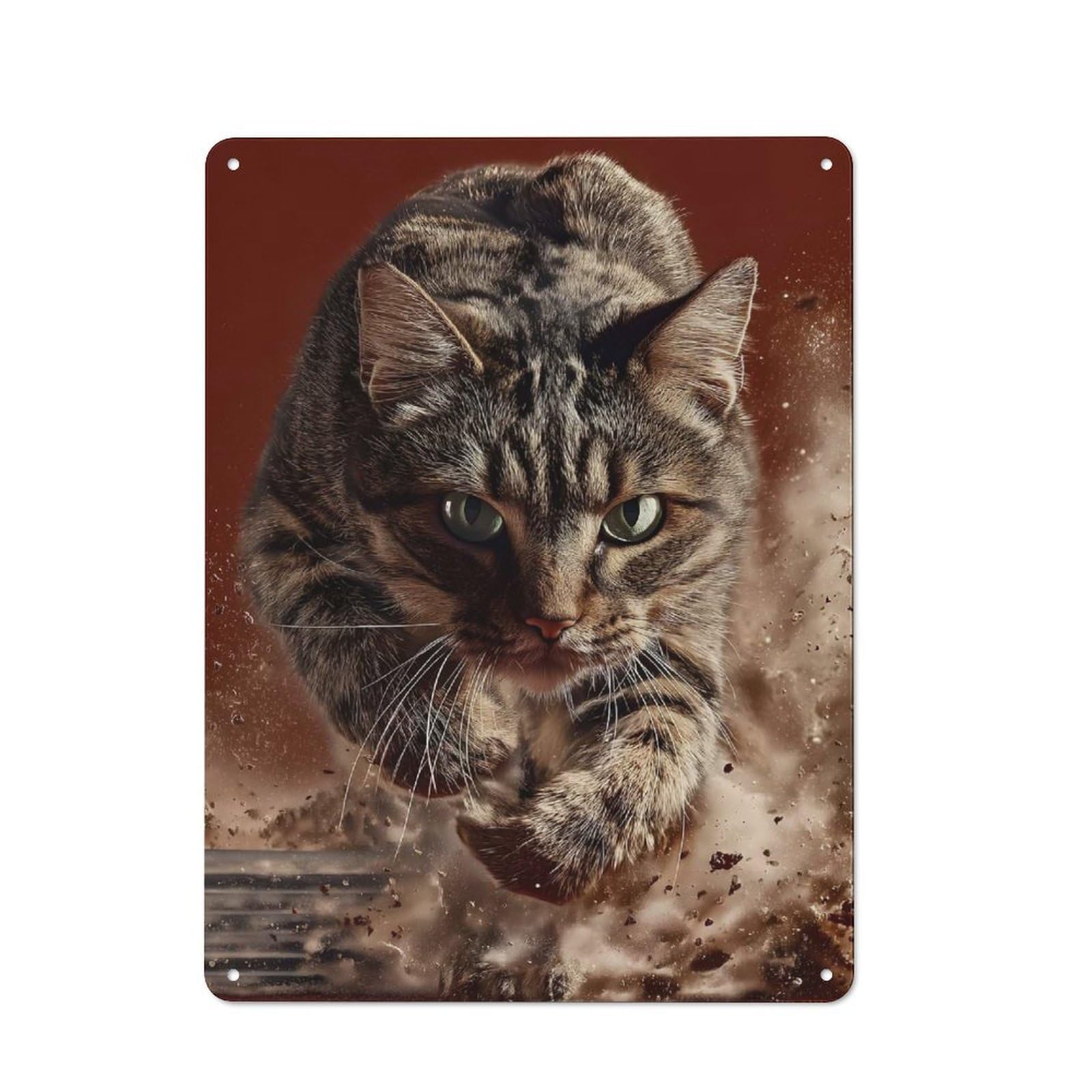 Junmoney Style-9 Tin Wall Plaque 40X30cm With Focused Tabby Cat Leaping Forward For Garage Wall, Suited To People Furnishing A Garage