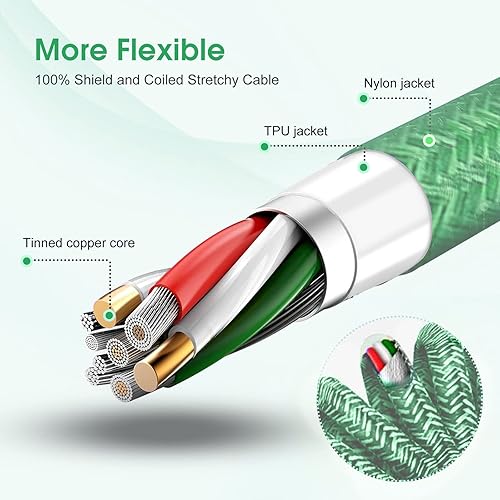 Miniatura 3 de Cable Lightning en espiral, cable USB-A a Lightning de carga rápida, cable de resorte trenzado verde retráctil con conector de ángulo recto,