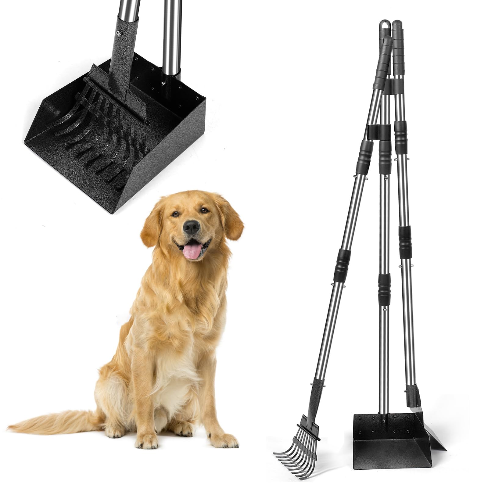 Raccogli Cacca Cane Con Manico Regolabile - 2 Pezzi - Paletta E Rastrello Per Giardino - Foto 3