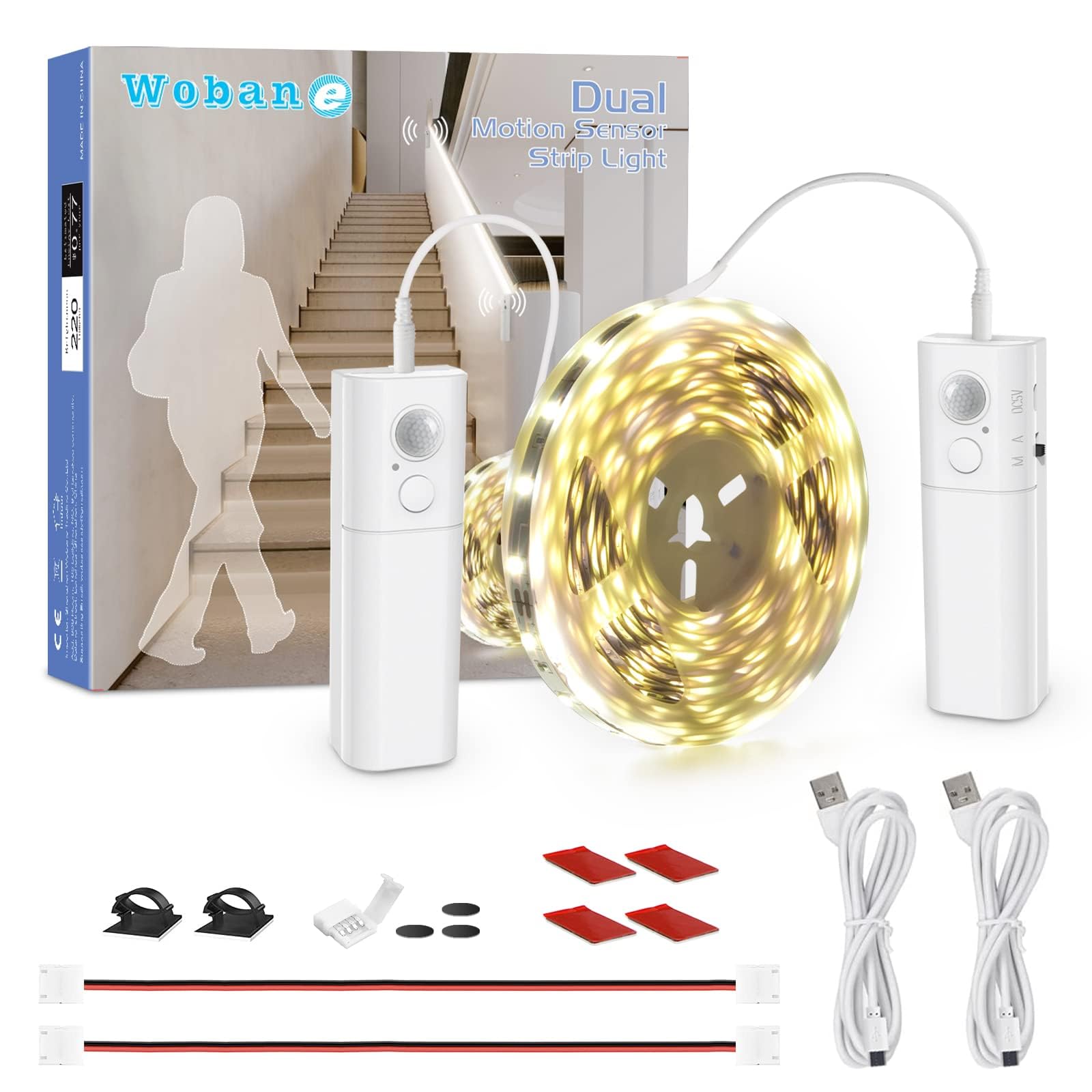 WOBANE Striscia LED da 5 m con rilevatore di movimento, illuminazione per scale con 2 sensori, funzionamento a batteria, illuminazione a LED per cucina, letto, dispensa, corridoio