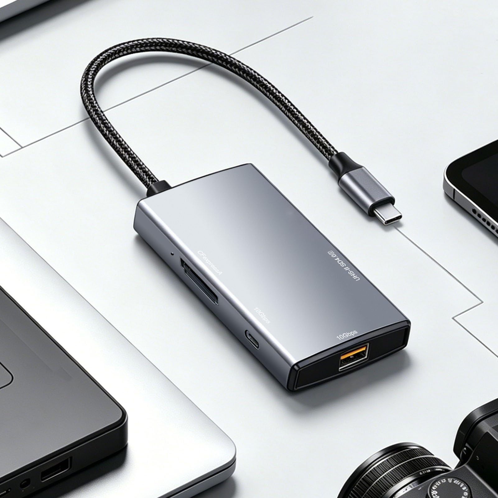 Luocute Lector de Tarjetas Hub USB C 5 en 1, Adaptador USB 3.2 Gen 2 de 10 Gbps con Aleación de Aluminio, Ranura para Tarjeta SD TF para Computadora Portátil de Escritorio, Adaptador