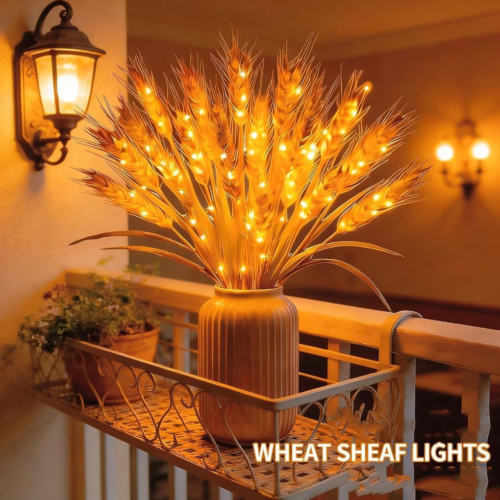 Golden Harvest Lights, Wheat Lights, Battery Operated Flower Lamps, Rustic Farmhouse Accent Light for Bedroom Living Room Dining Table Wedding Centerpiece (2PCS)