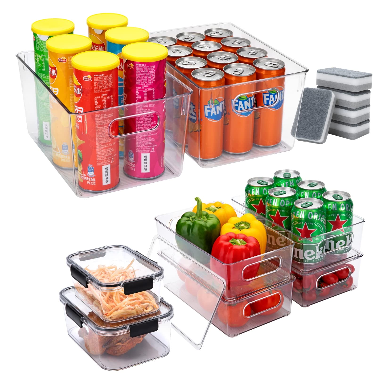 AIKER Refrigerator Organizer Bins Set of 9,BPA-Free Premium Clear Storage fridge organizer with 2pcs