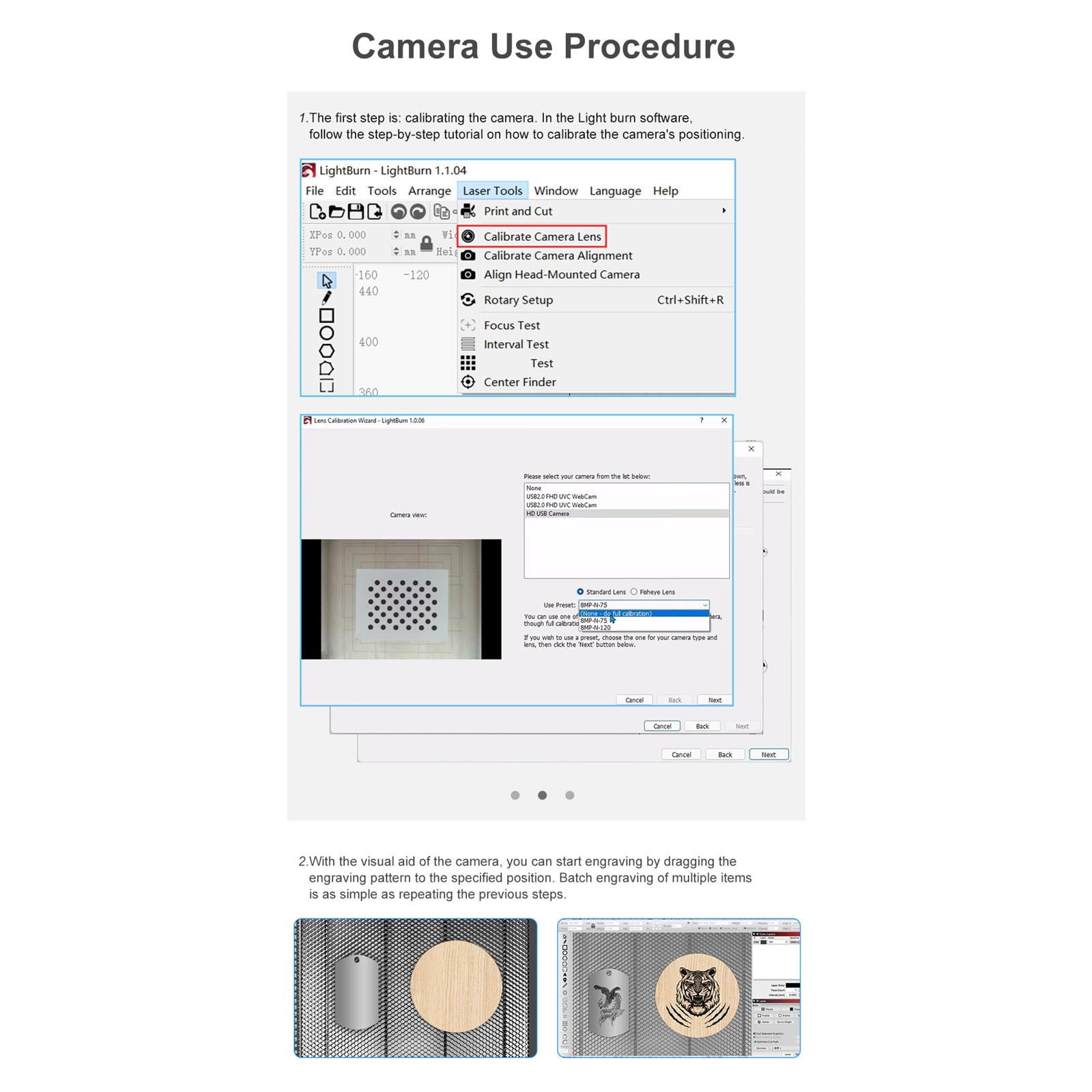 Juego de posicionamiento de cámara de 5 MP para máquina de grabado con software Lightburn, compatibilidad para impresión de grabado de alineación