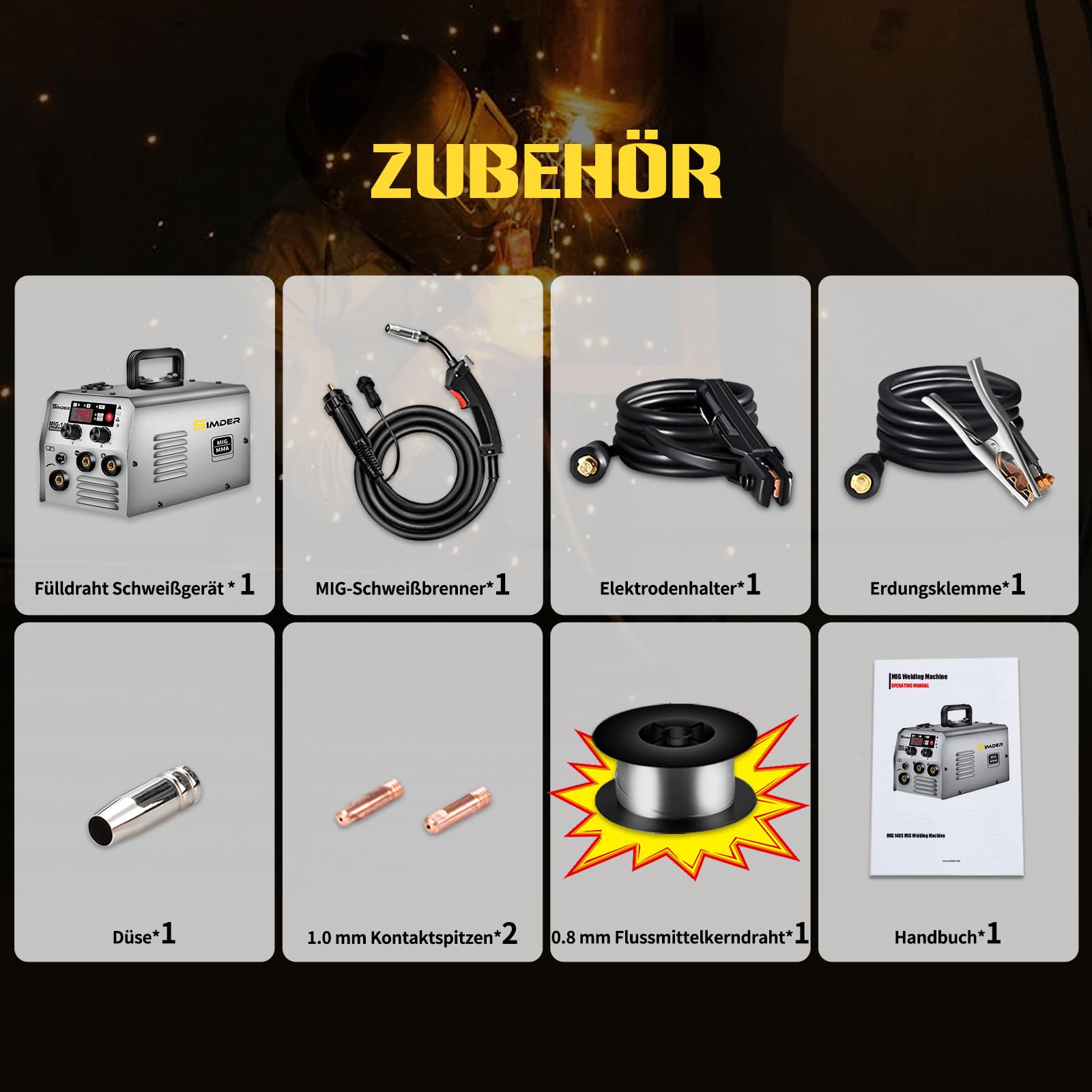 SSIMDER FüLldraht SchweißGeräT Ohne Gas 140A 230v, 3 In 1 (Flux Mig/Mma/Lift Wig) Igbt Inverter, Leicht Und Kompakt (3,65 Kg), FüR Heimgebrauch, Werkstatt, Auto, Landwirtschaft Und Garten
