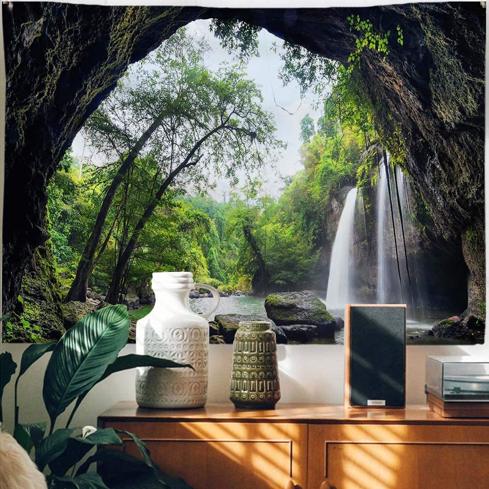 FENDROM Green Misty Forest Tapestry Wall Hanging Nature Mountain Cave Landscape Tapestry Waterfall River Tapestries for Bedroom Living Room Dorm Decor