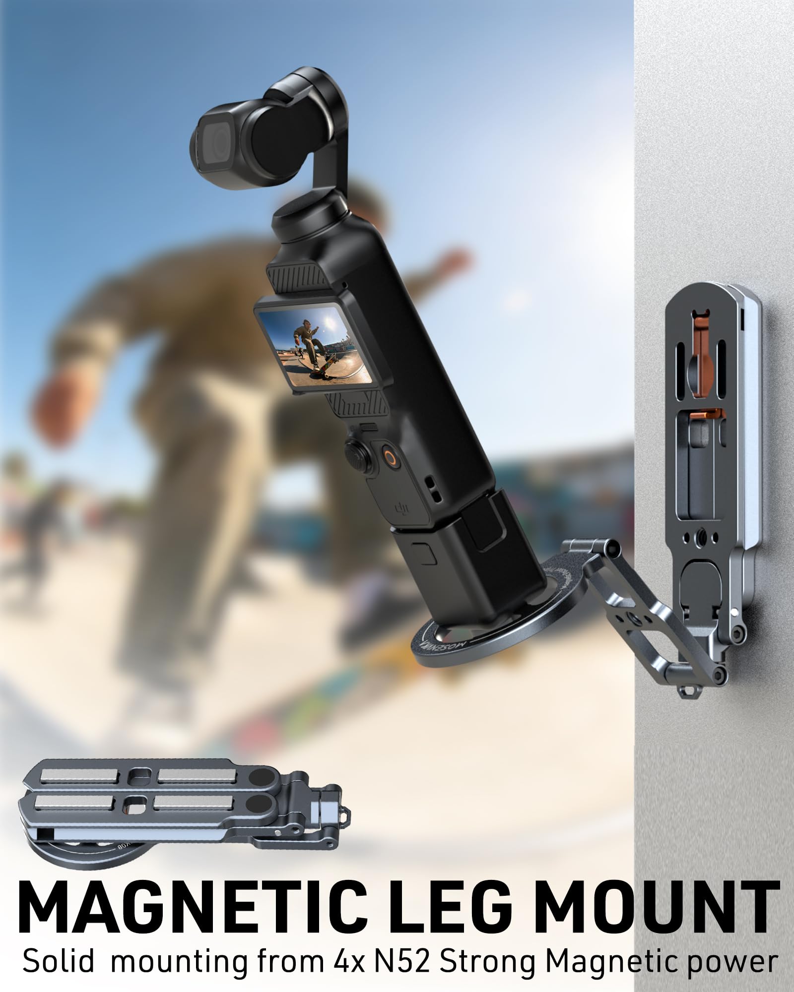 MOSENVKA Dual-Magnetstativ für MagSafe | 2-in-1-Action-Kamera-Halterung (Arca-Swiss, 6,35 mm Schraube/Haken) | Faltbarer Schreibtischständer für iPhone 17–12, DJI Osmo Pocket 4/3, für GoPro 13/12 |