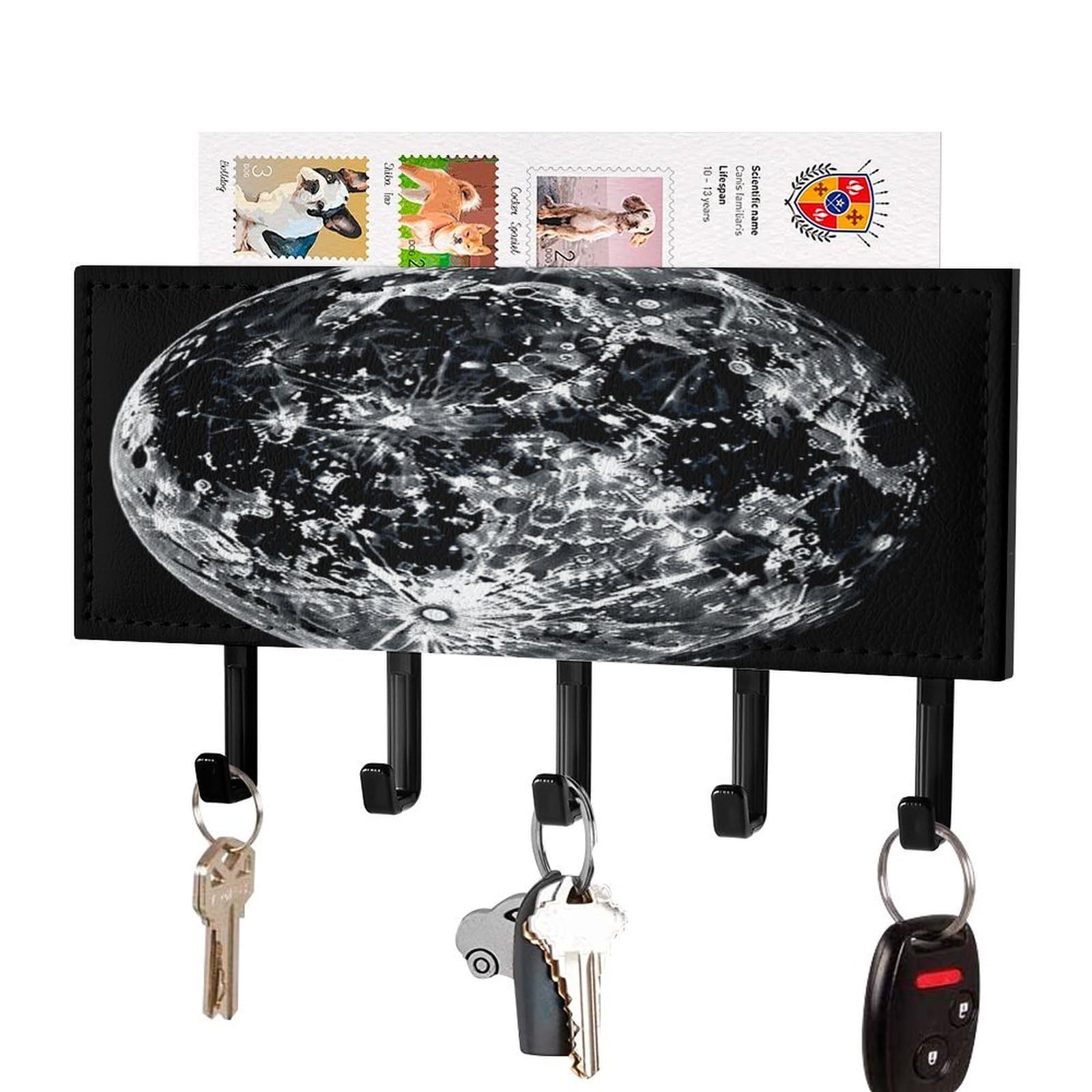 Fekiloot Black-Style Moon Key Holder Wall Mount Key And Mail Holder Key Hanger With 5 Hooks Decorative Pu Key Rack Hanging Key Hooks For Wall Living Room Kitchen Bathroom Hallway