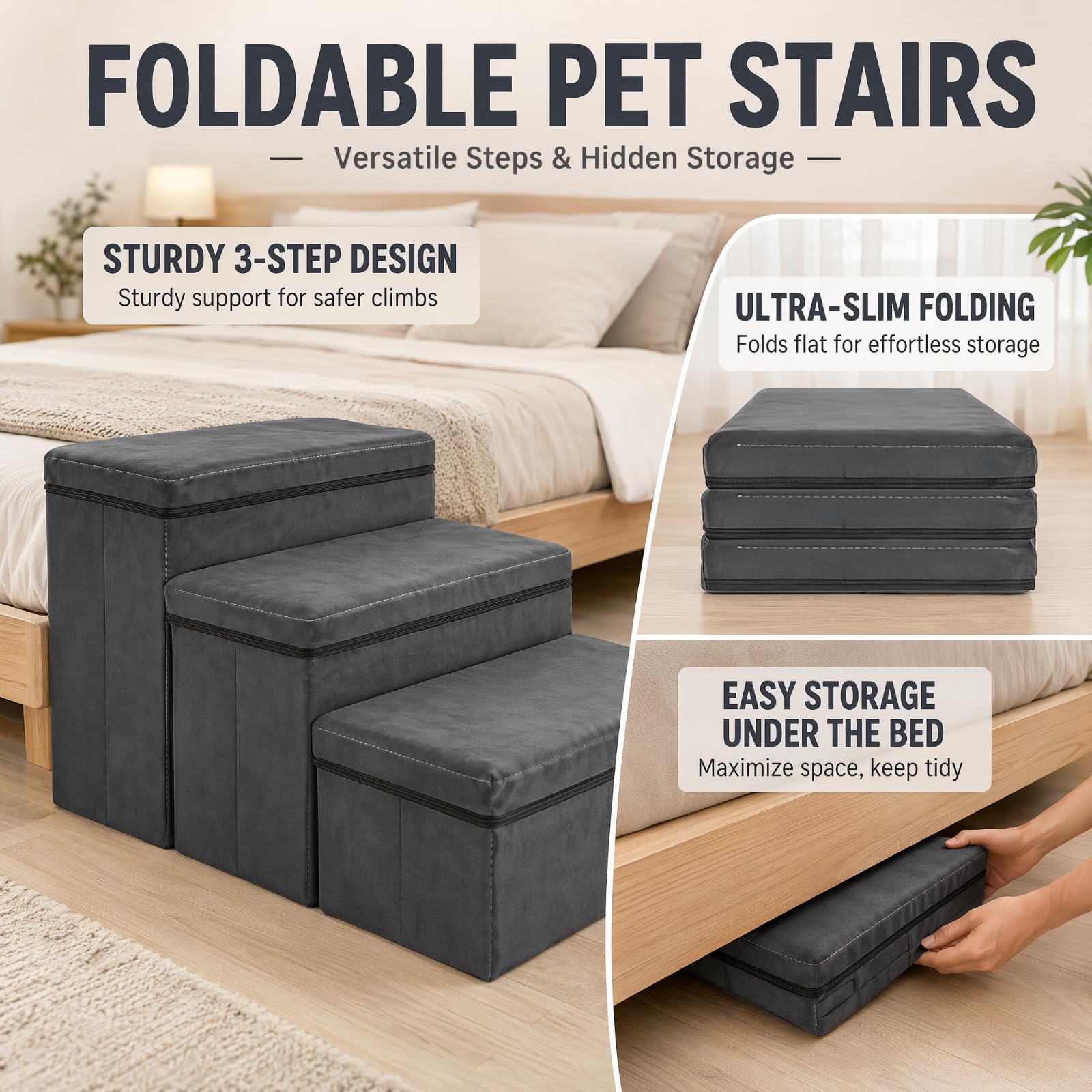 Hundetreppe mit Stauraum, faltbar, 3 Stufen, rutschfeste breite Hunderampe, Haustiertreppe für Bett und Sofa, Haustierleiter für kleine & große Hunde & Katzen (75 × 40 × 30 cm)