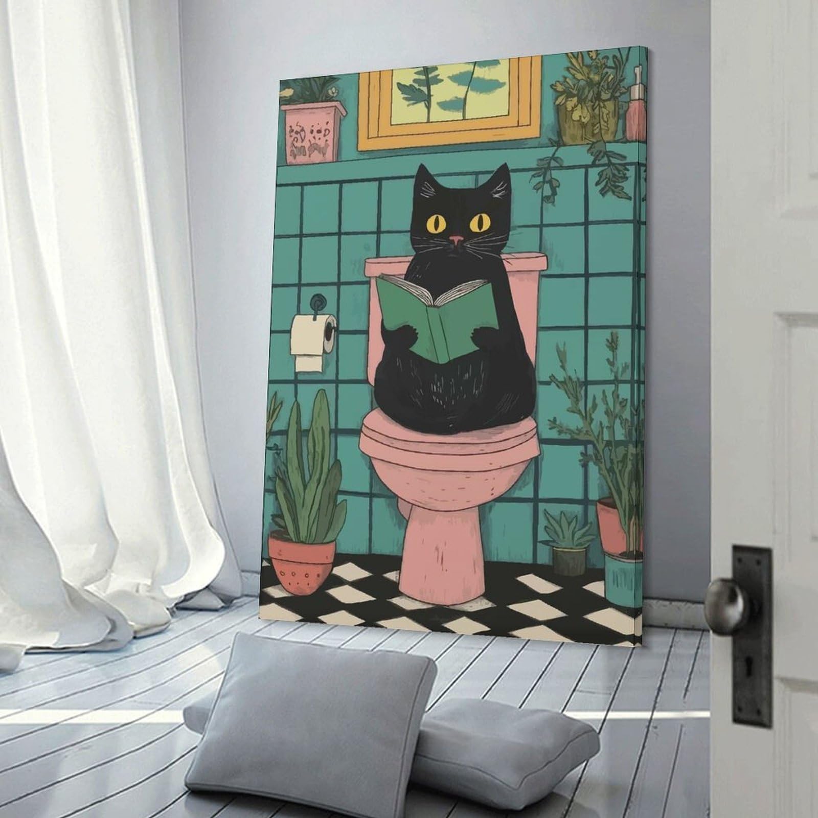 Junmoney Cat Reading on Toilet Illustration Decorative Canvas Print, 16x24inch(40x60cm), for Gallery Wall Decor And Room Displays, Wall Decor Suited to Curated Displays