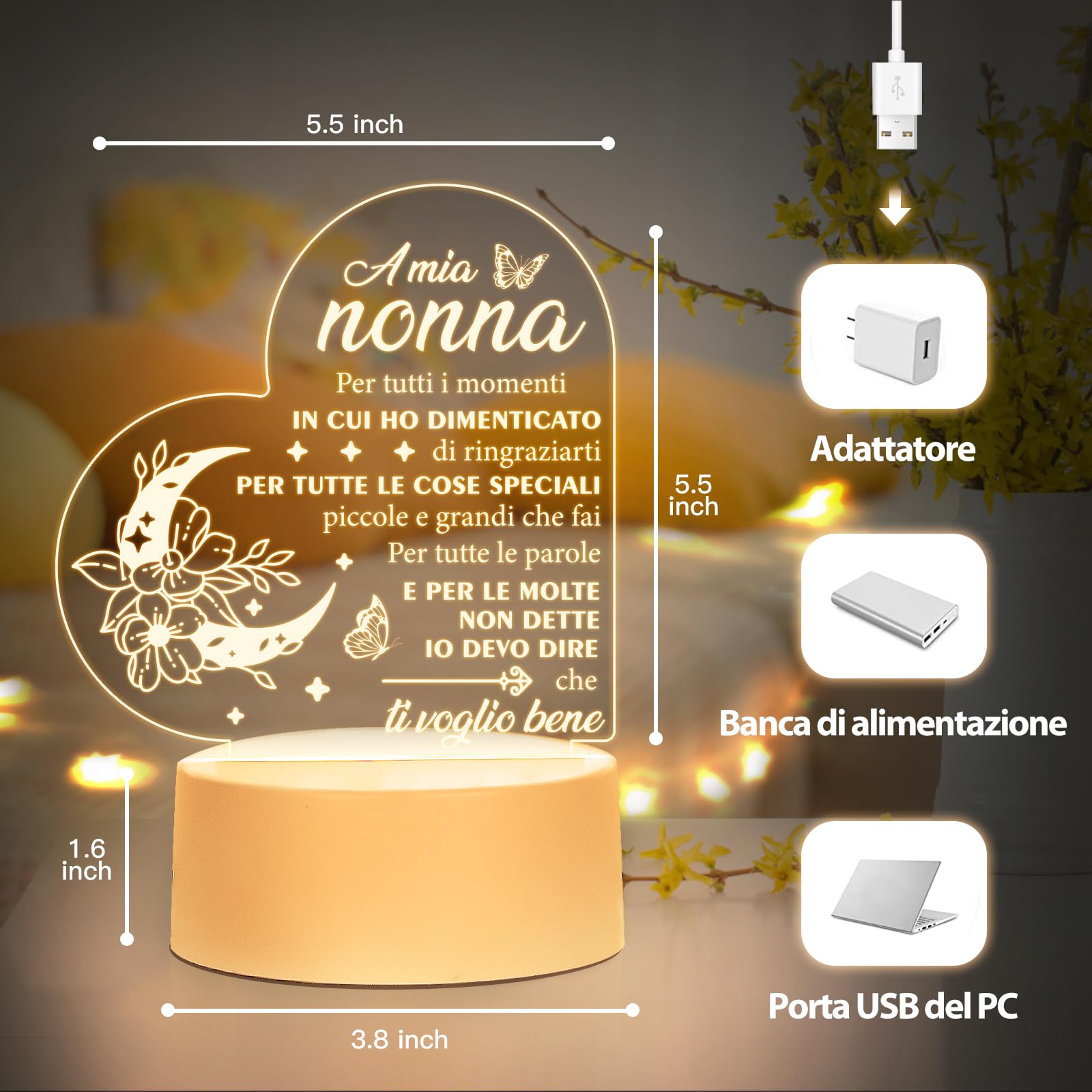Regalo Nonna, Regalo Nonna Compleanno | Idee Regali Nonna 2026, Regali Festa dei Nonni, Natale, Capodanno, Delicata Luce Notturna in Acrilico