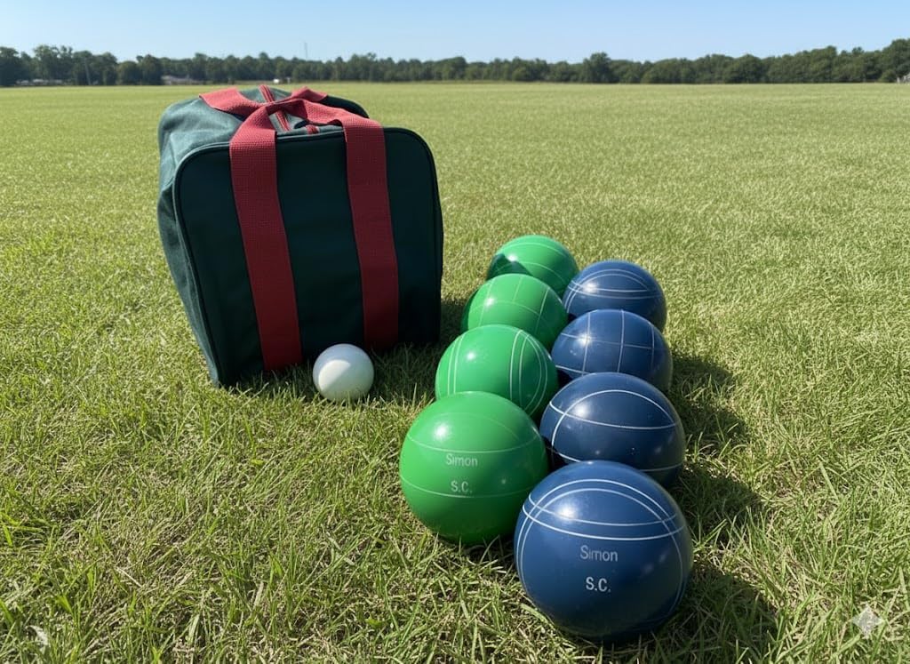 BuyBocceBalls Listing - Made in USA, Premium Quality Engraved Tournament Bocce Set - 110mm Green and Blue Balls, Nylon Bag, 998 Grams (2 lbs. 3.2 oz.). Various Bag Colors