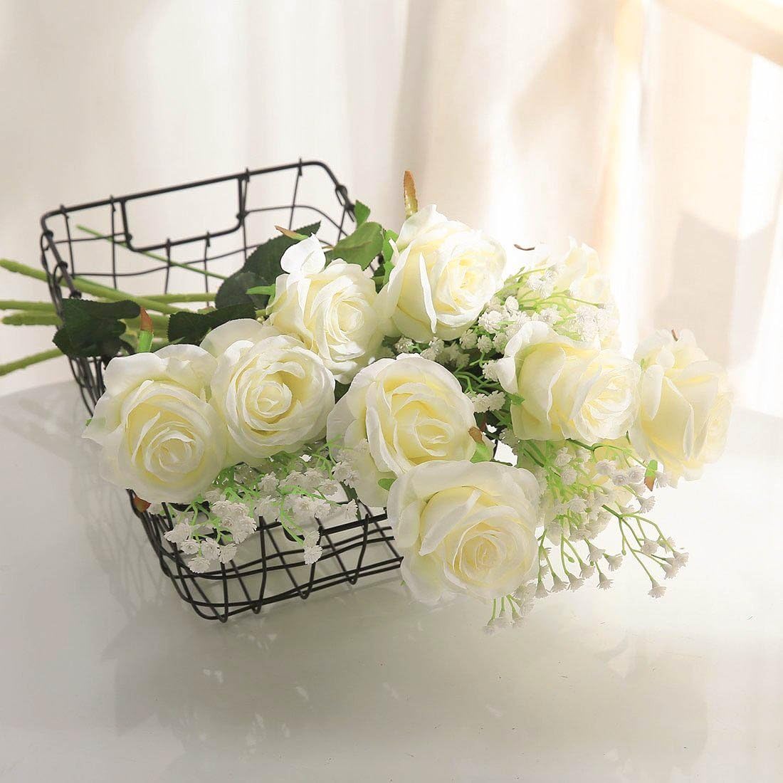 JUSTOYOU 10Pcs Artificial Roses Flowers, Realistic Blossom Roses, Real Touch Silk Rose, Single Fake Flower Long Stem Bouquets for Home Wedding Party Decoration - Image 4