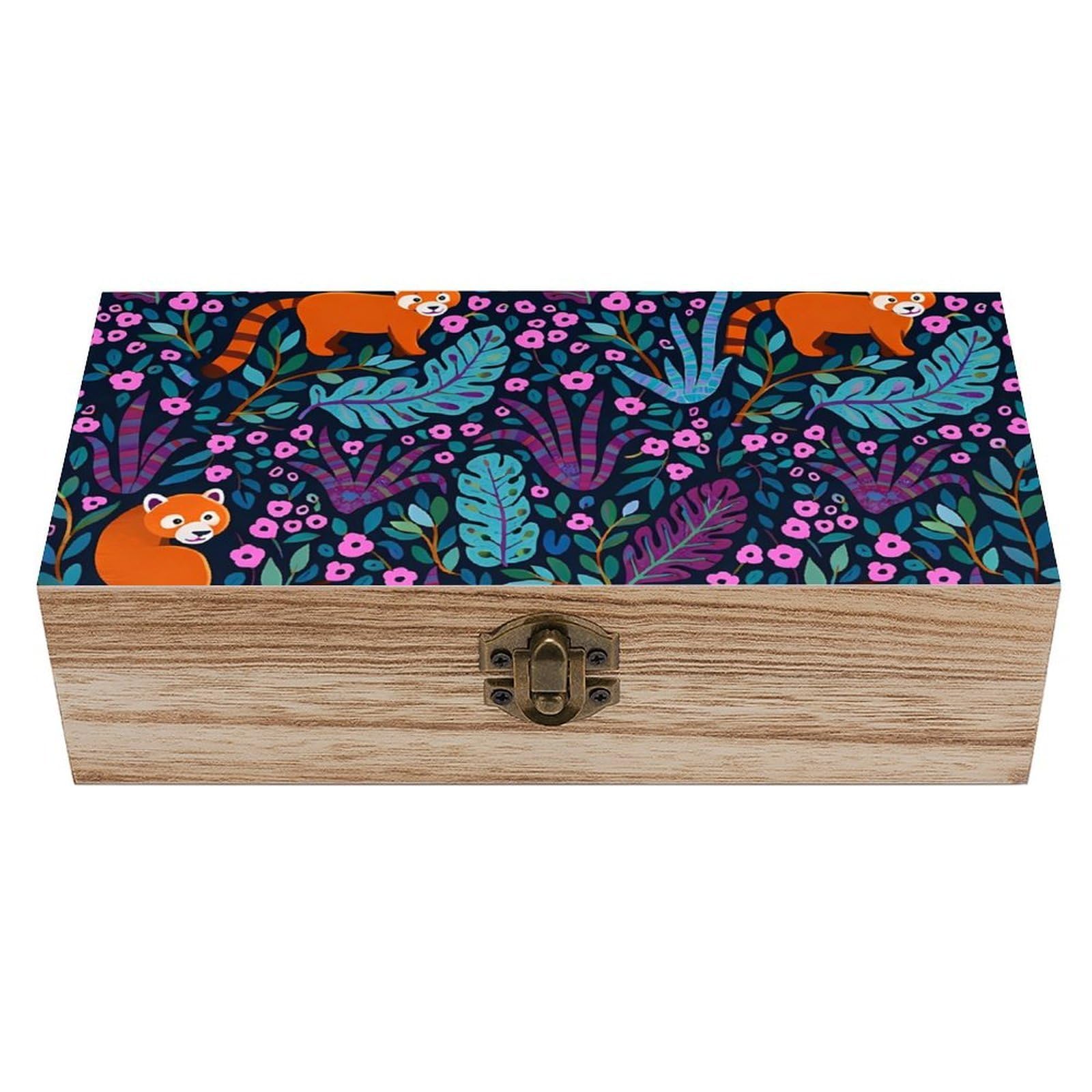 SMAZDFXX Red Panda & Leaves Wooden Storage Box With Hinged Lid Decorative Front Clasp Keepsake Boxes
