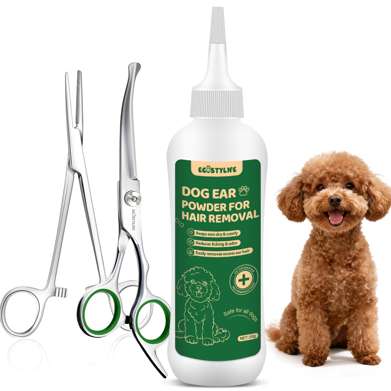Dog Ear Hair Removal Kit Upgraded Ear Powder Round Tip Grooming Scissors Hemostats for Gentle Hair Plucking Prevention