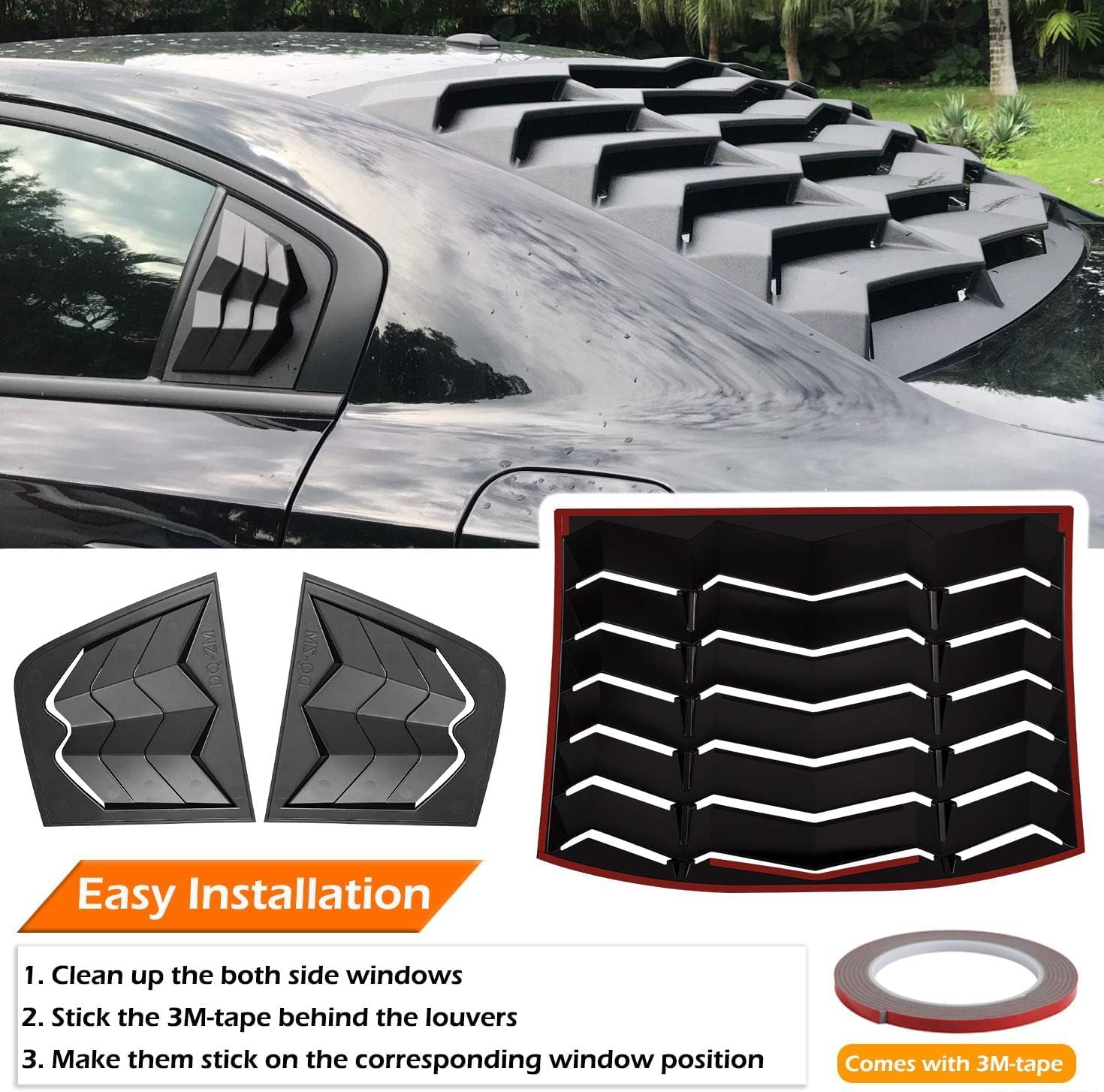 Rear Side Window Louvers for Dodge Charger 2011 2012 2013 2014 2015 2016 2017 2018 2019 2020 2021 2022 2023 Windshield Sun Shade Rain Cover GT Lambo Style ABS (Matte Black)