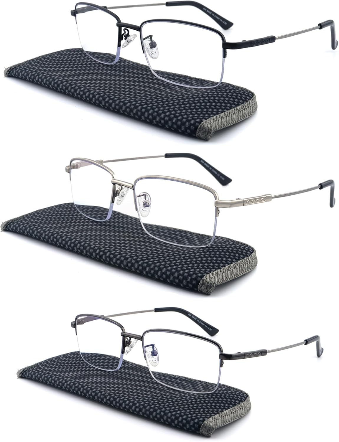 Progressive Multifocus Reading Glasses Blue Light Blocking, Multifocal Readers for Men Women Trifocal Lightweight Eyewear Half Metal Frame Titanium Alloy (2 Pack: Black+Gun, 1.00)