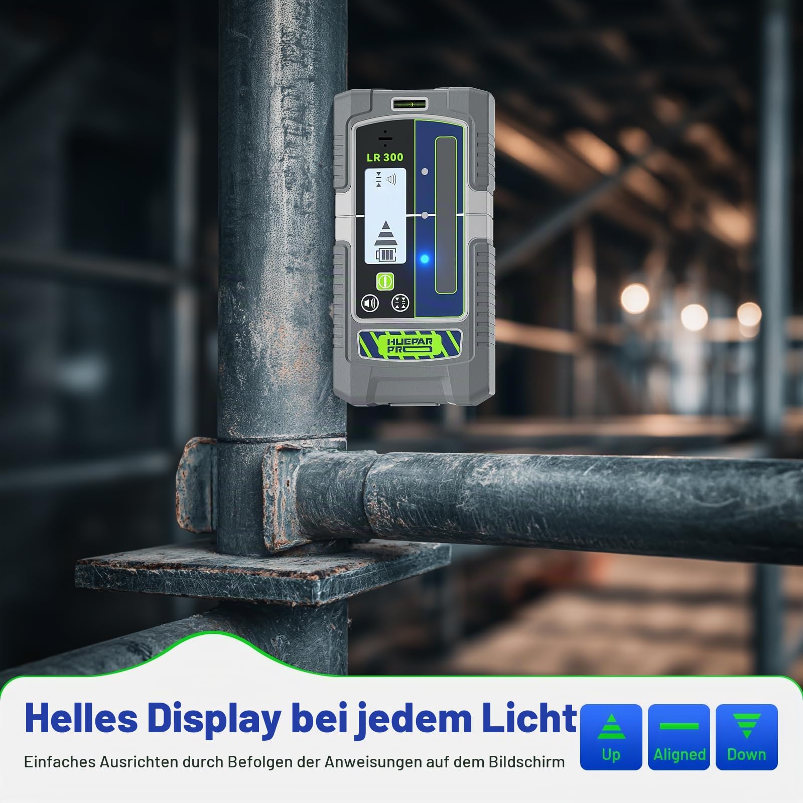 Huepar Pro Professional Laserempfänger Pulsmodus Liniendetektor für Laser-Levels, 60 m, Dual-Präzisions-Modi, IP65 wasserdicht, Magnetklemme, LCD+LED, 20-Stunden-Laufzeit