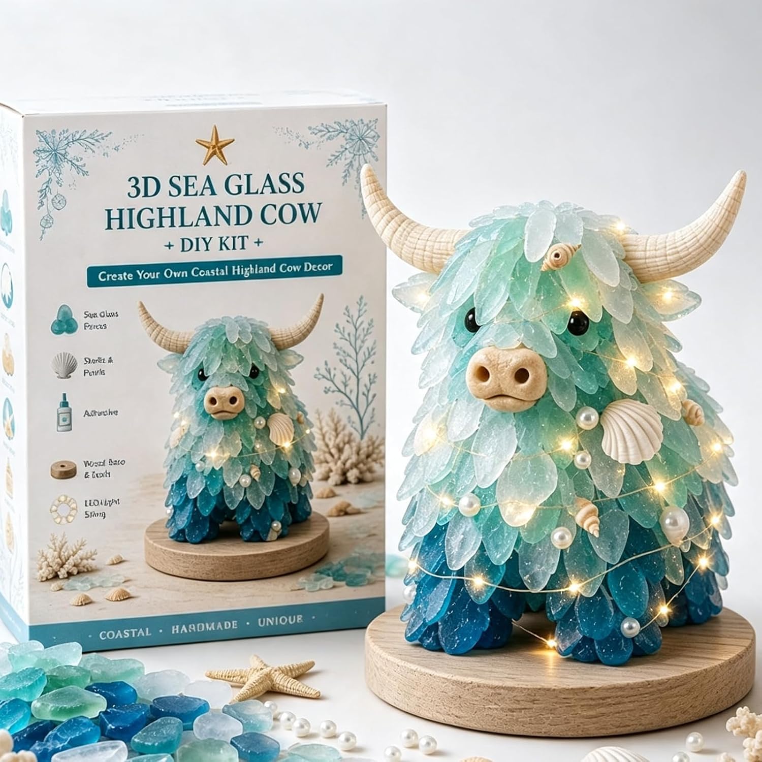 Sea Glass Art Kit, DIY Mosaic Craft Kit with Shells & Pearls，Highland Cow