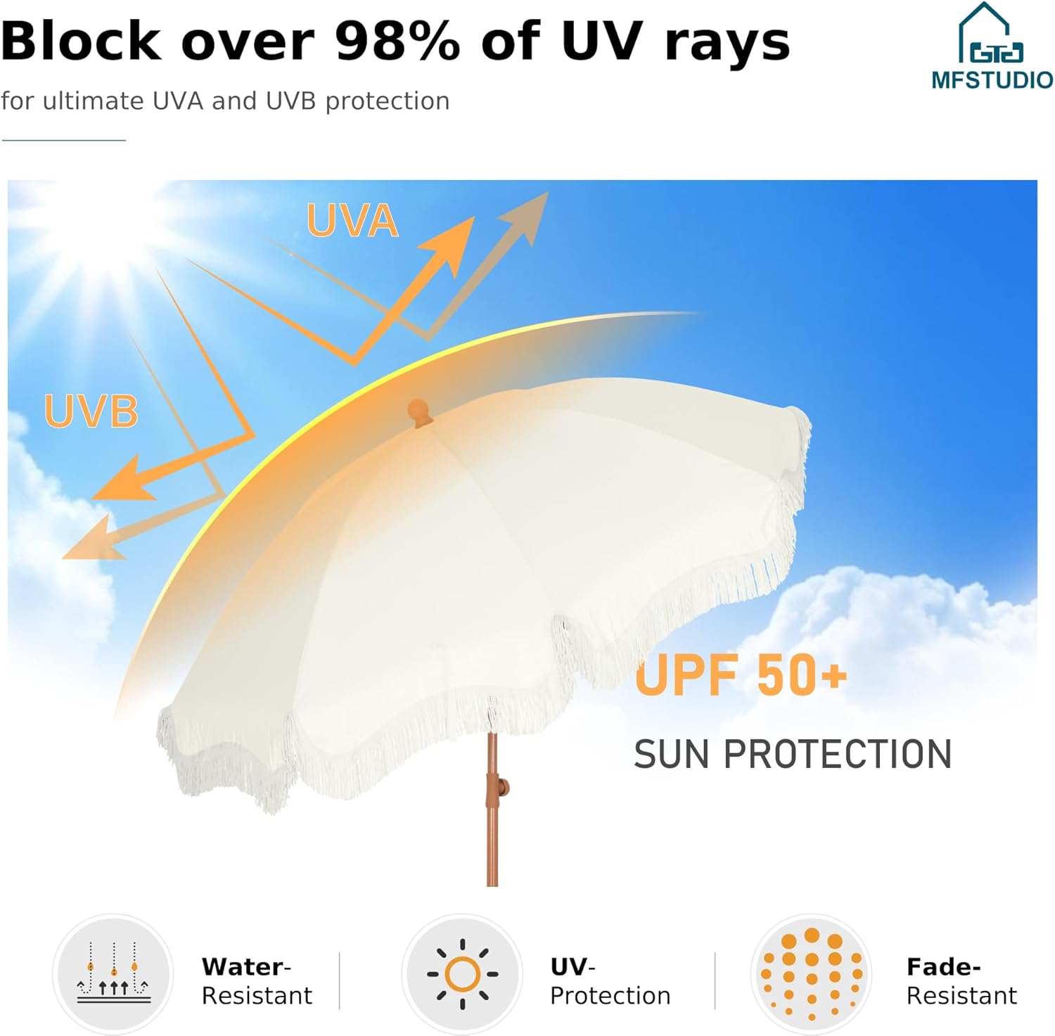 MFSTUDIO 7ft Patio Beach Umbrella with Fringe, Tassel Umbrellas UPF50+ with Sand Anchor & Tilt Button, Holiday Outdoor Umbrella with Carry Bag, Ideal for Garden Lawn Poolside, Ivory