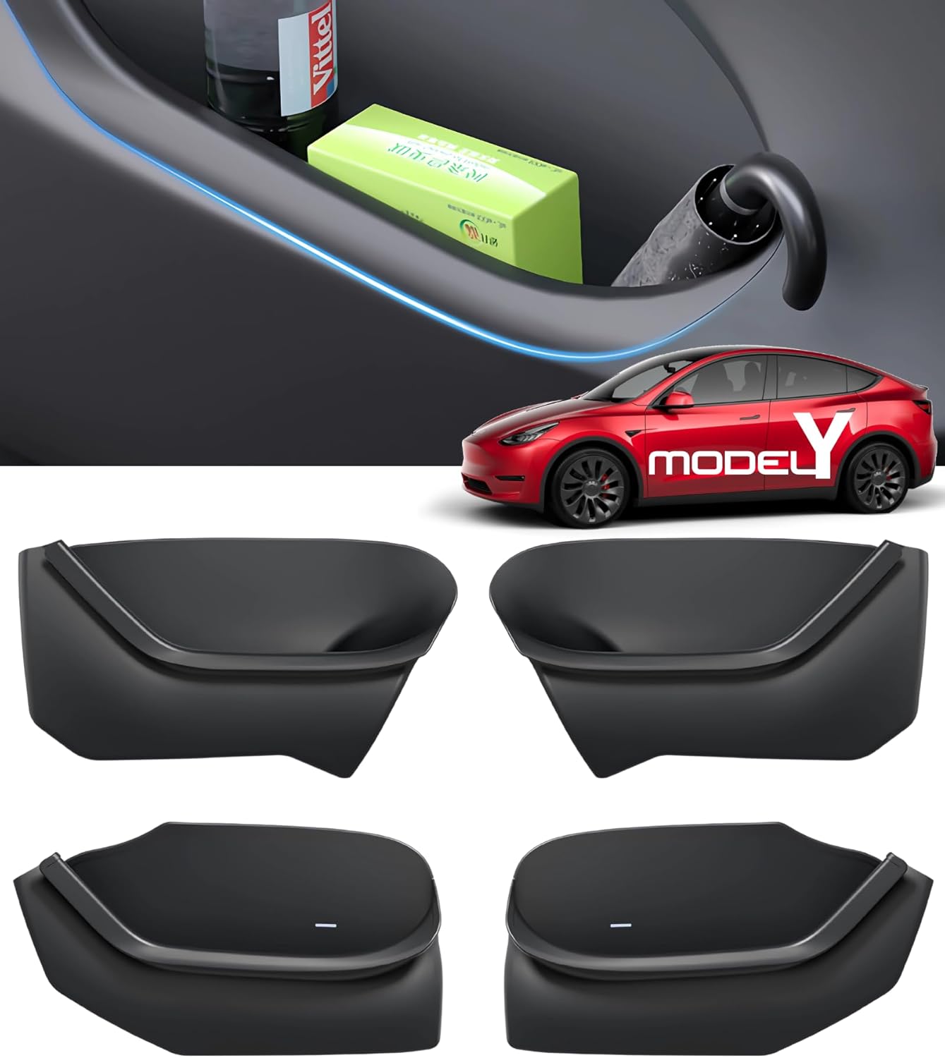 Car Side Door Storage Box Organizer Tray for 2020-2024 Tesla Model Y Door Pocket Liner Insert Protector Inside Storage Interior Accessories - TPE Material, Black, 4 Pack
