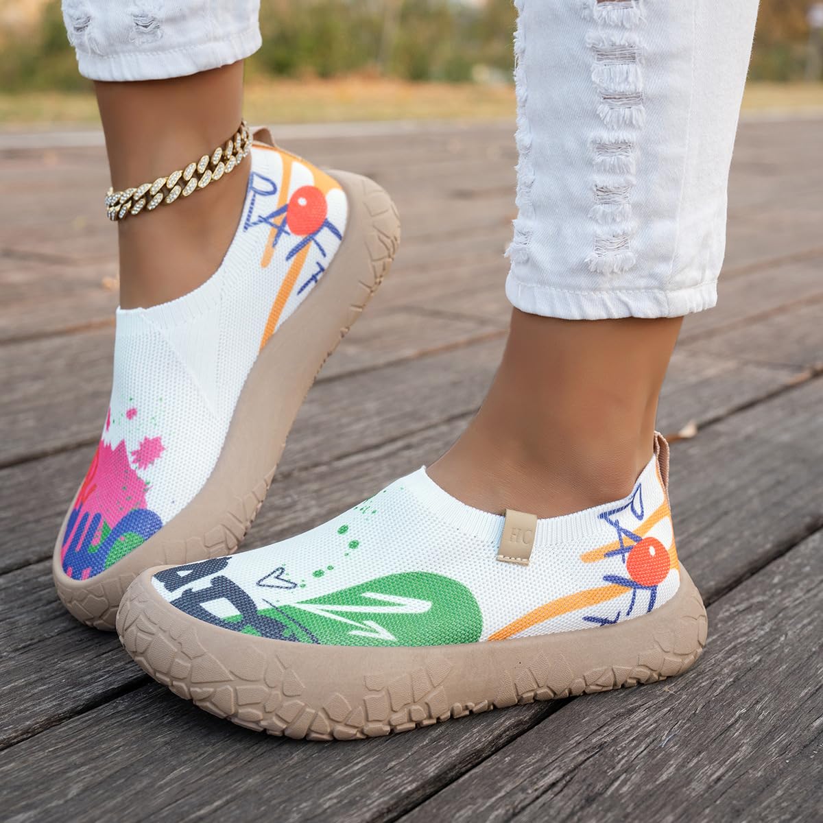 Mocasines de punto pintados con arte para mujer, zapatos casuales para caminar
