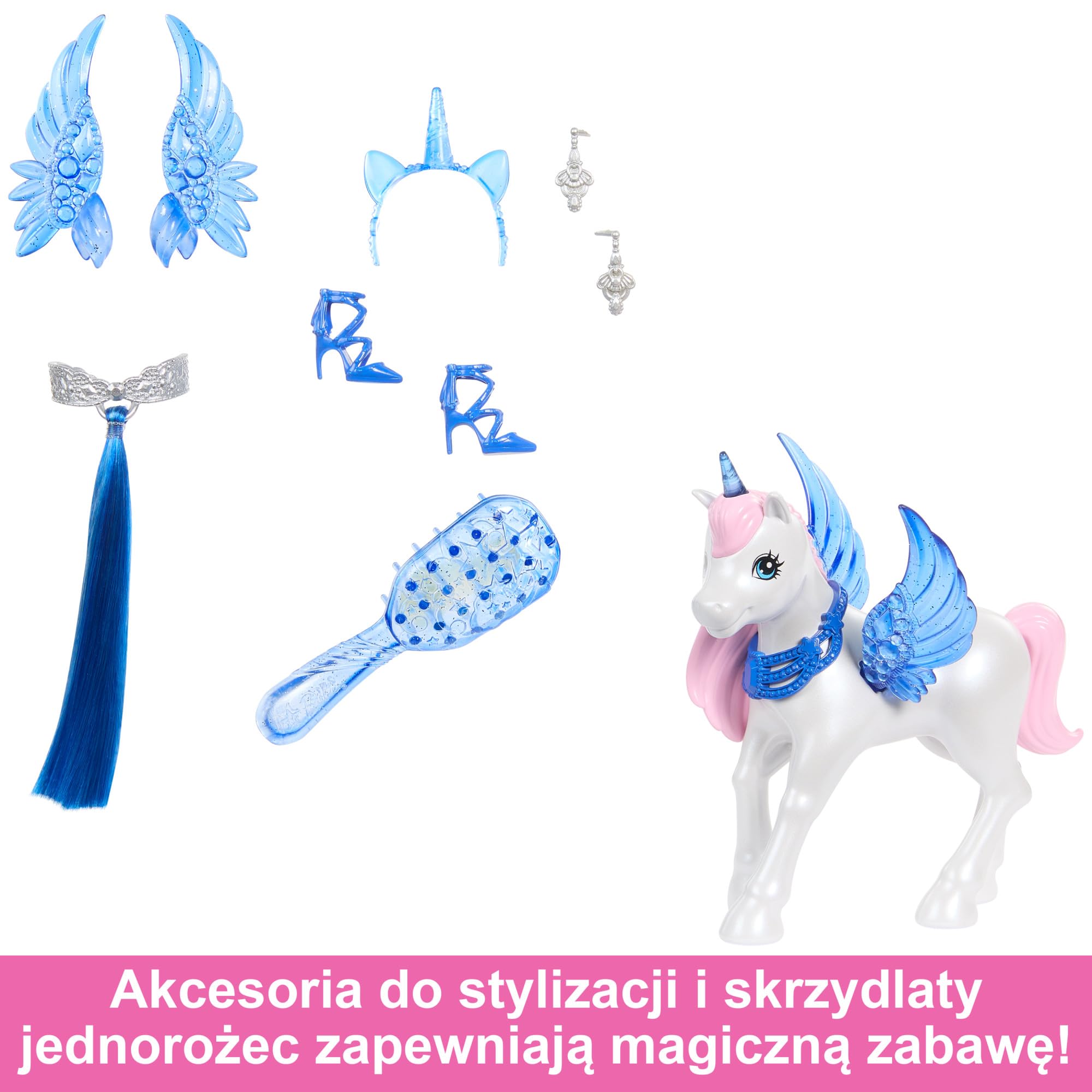 Barbie Sapphire Skrzydlaty jednorożec Lalka 65 rocznica z niebieskimi włosami, różową suknią i akcesoriami, takimi jak szafirowe skrzydełka i jednorożec ze skrzydłami, HRR16