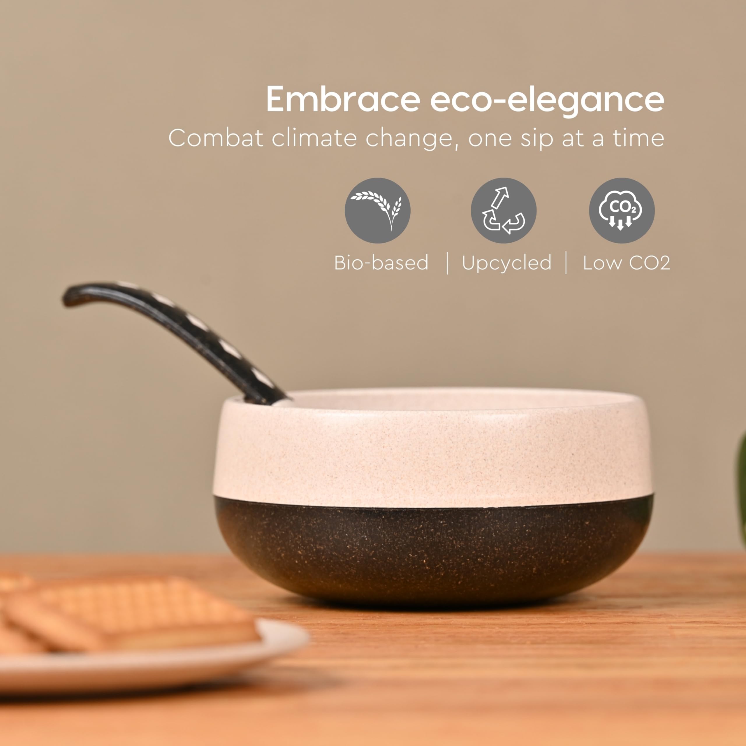 Eha Earth-Friendly Soup Bowls with Spoons Set of 6 | 250 ml | Made with Rice Husk Biocomposite | Microwave Safe Bowl | Serving Bowl Set | Charcoal