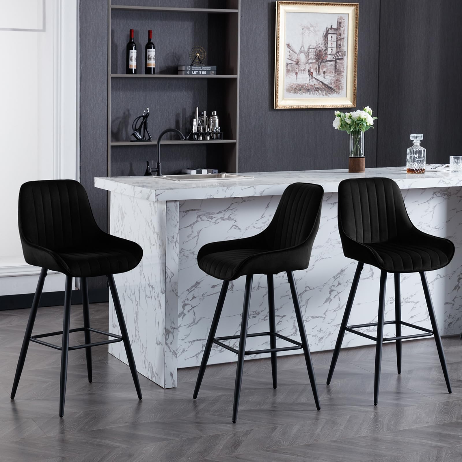 WOLTU 2X Taburetes Altos de Cocina con Respaldo Terciopelo, Negro | para Comedor, Salón y Cafetería