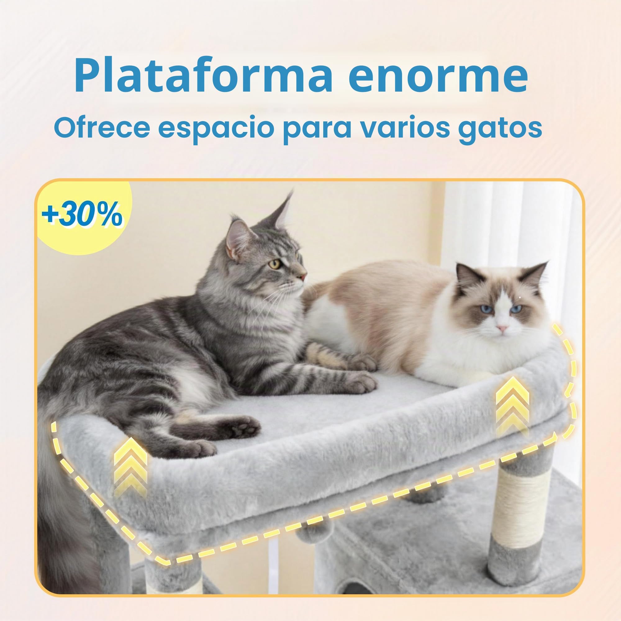 Hey‑brother Rascador para Gatos,con 3 Cuevas Grandes, Hamaca, MPJ083W | 144cm Árbol para Gatos con Plataformas Amplias, Pelota de peluche, para Gatos Grandes de Interior, Gris Claro