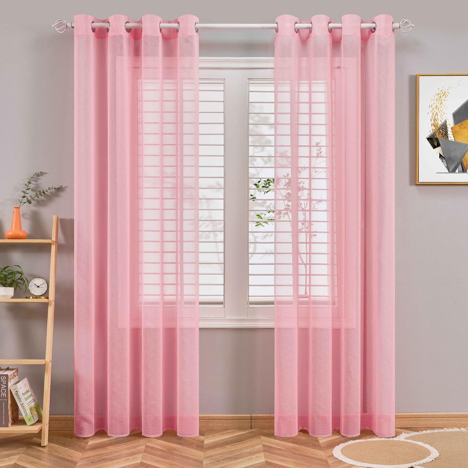 SSWH Voile Curtain 2 Panels Net Curtains for Windows, Light Filtering Sheer Curtains, Solid Color Semi Transparent Eyelet Panels for Bedroom Liv(Size:100x200cm/W 39" x L 79" (2 Panels),Color:Pink)