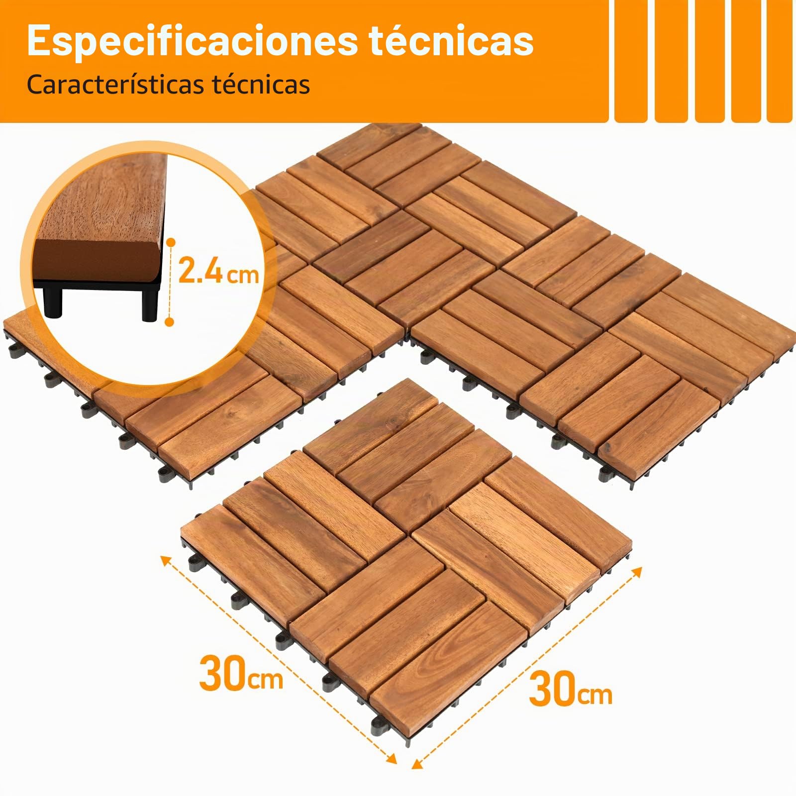 Juego de 11 baldosas de madera de acacia, 12 láminas de 30 x 30 cm – 1 m². Baldosas de balcón para balcón, jardín y terraza | colocación fácil, rápida y práctica