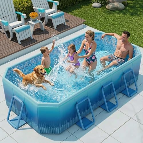 118" Foldable Pool for Adults and Kids,Non-Inflatable Swimming Pool with Metal Frame,Thickened PVC and PP Board Support,Extra Large Stable Collapsible Pool for Family Dogs Backyard Outdoor Blue