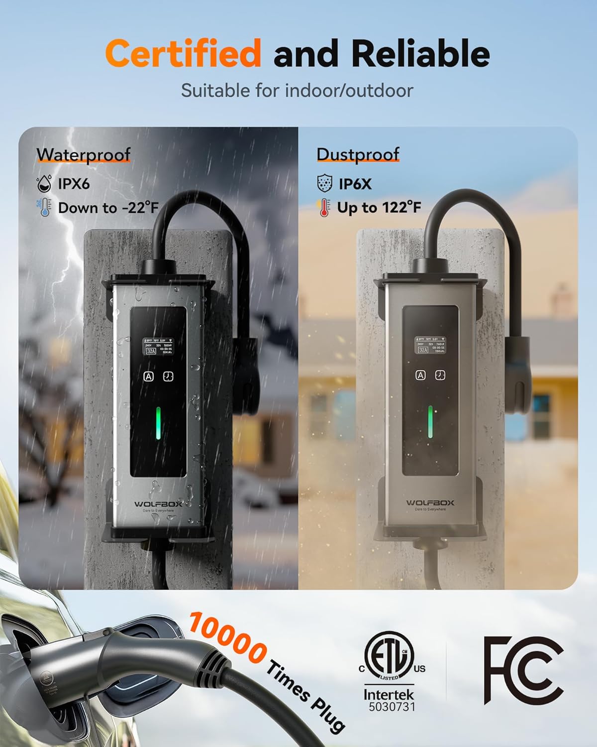 WOLFBOX Level 2 Electric car Charger 32Amp J1772,ETL Certified, 25ft Cable,Outdoor/Indoor,208-240V,Portable ev Charger Station with NEMA 14-50R Plug Adapter(PE32) - Image 3