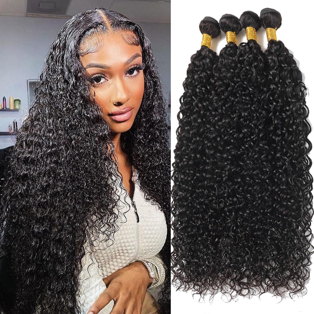 Borchan Water Wave Bundles Human Hair Brazilian Water curly Ocean Wave Bundles for Black Women 22 24 26 28 Inch Hair Extensions Natural Black Color