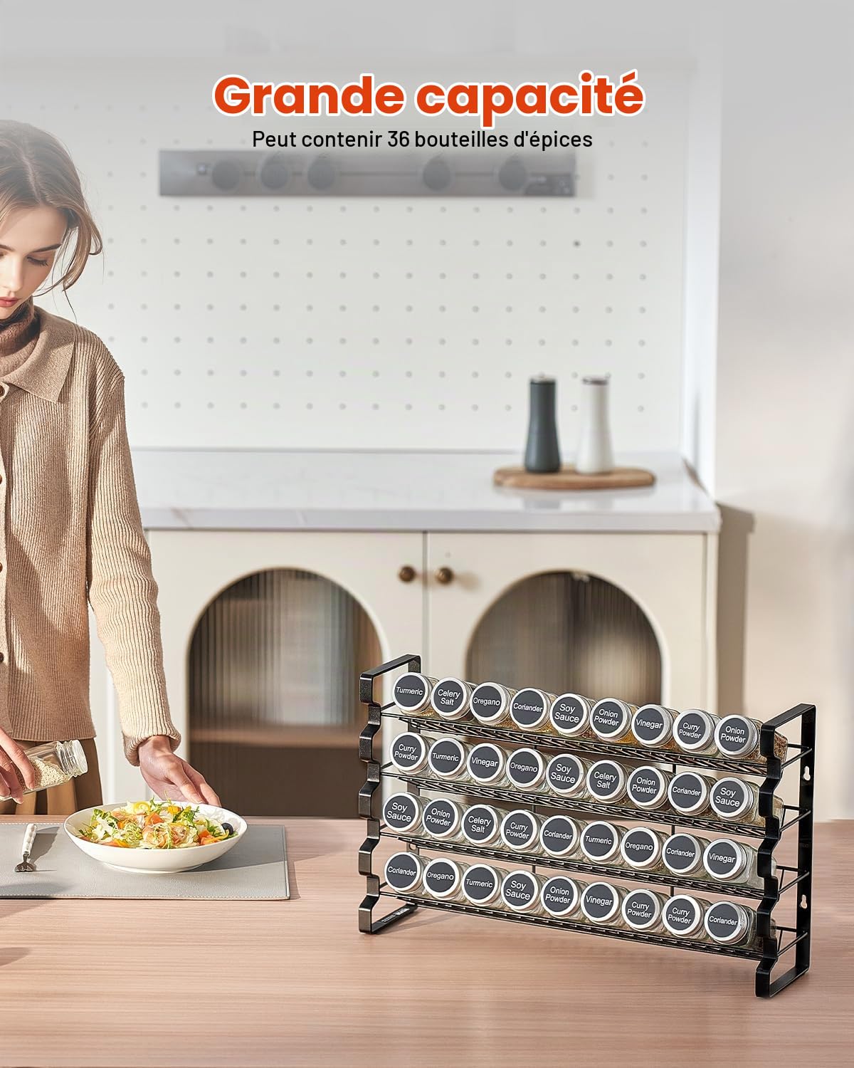 VEVOR Étagère à épices pour armoire, avec 36 pots à épices vides, couvercles, étiquettes et entonnoir, ensemble complet, organiseur d'assaisonnement pour comptoir, cuisine, garde-manger, placard, noir