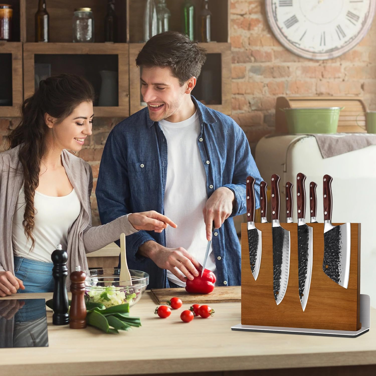 Magnetischer Messerblock aus Holz, 2-in-1, mit Schneidebrett-Gestell und Schärfer, Küchenmesserhalter, doppelseitig, stark magnetisch, magnetischer Messerhalter für Küchentheken