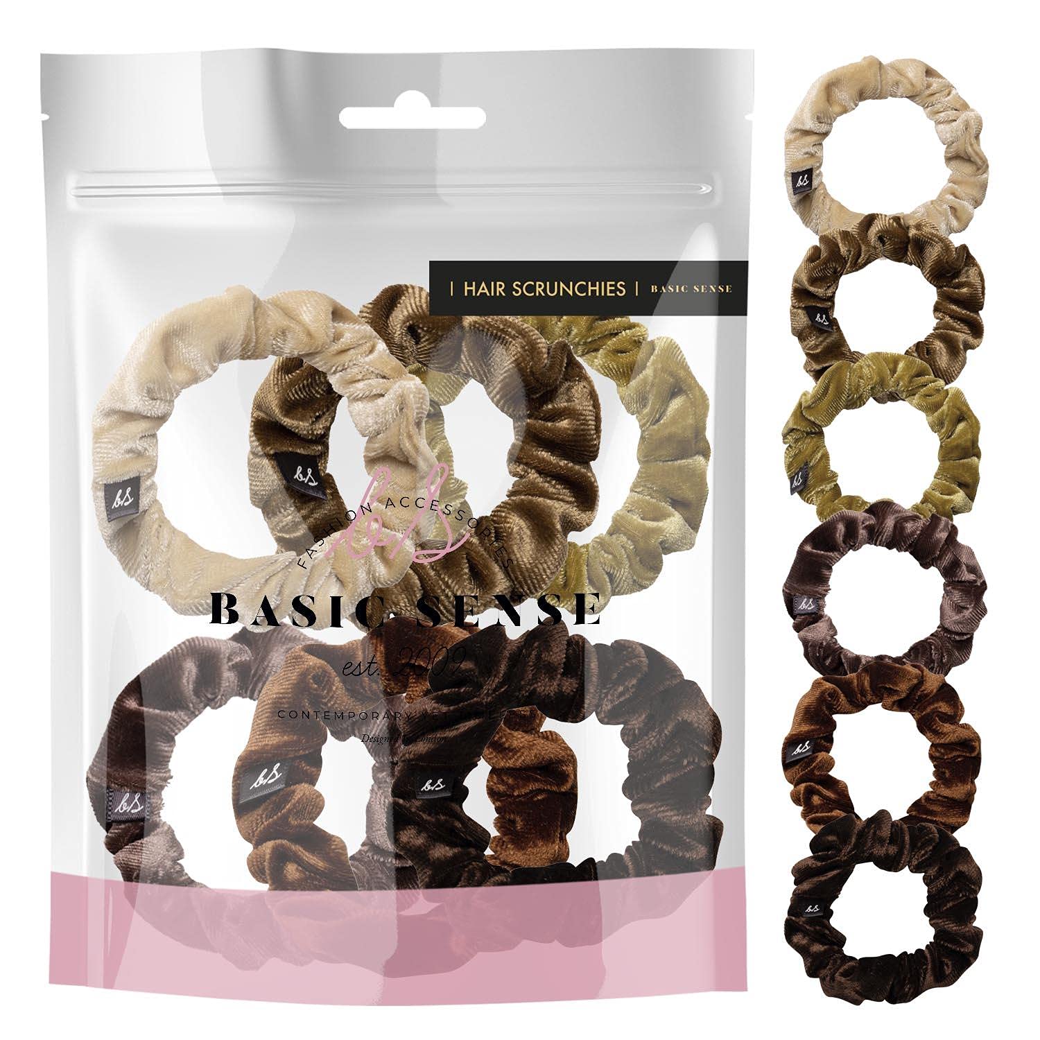 Basic Sense Velvet Skinny Scrunchie, Durable Small Hair Ties, Elastic Scrunchies, Ponytail Holder, Scrunchy for Women Girls, Brown Assortment