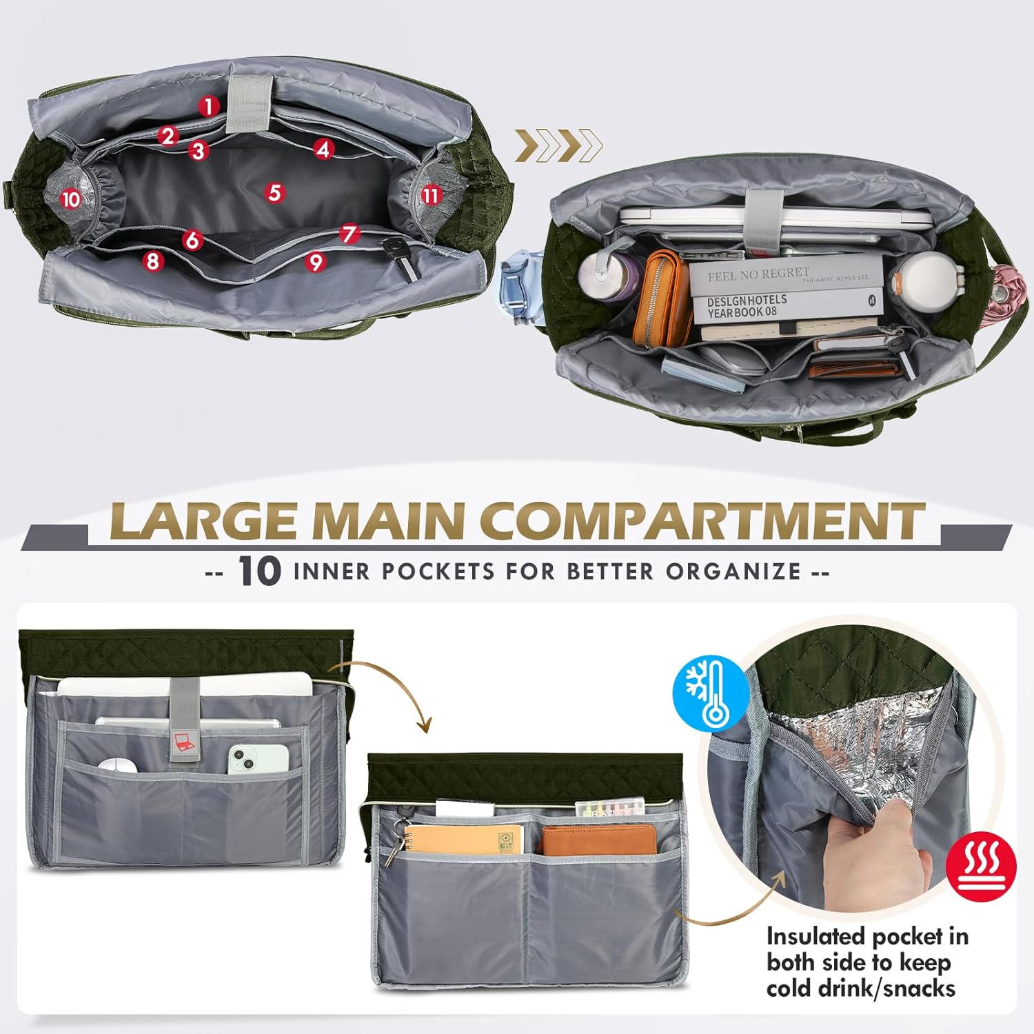 RAINSMORE Teacher Tote Bag 15.6 inch Laptop Bag for Women Work Bags Laptop Tote Nurse Bag Professional Computer Messenger with Insulated Pocket, Laptop Briefcase for Office, College, Olive Green - Image 7