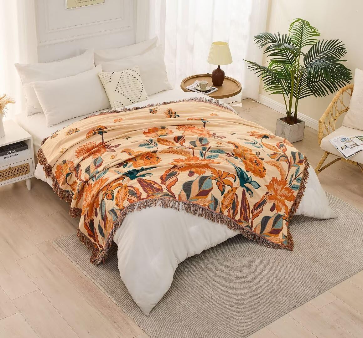 Boho Throw Blanket for Couch Sofa 60"x80",100% Cotton Muslin Fall Throw Blanket for Bed,Ultra Soft 4-Layers Woven Blanket with Floral Printed for All Season,Farmhouse Throws Bed Chair Cover - Image 7