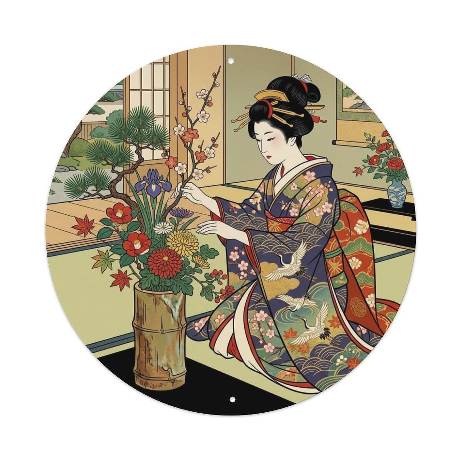Galvaxio Style Japanese Kimono Woman Ikebana Flower Arrangement Grace Metal Tin Sign