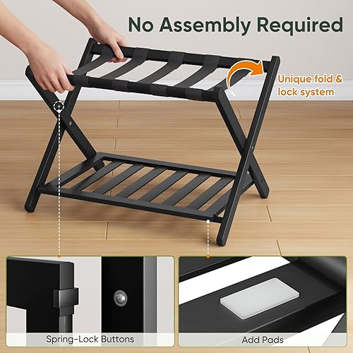 Miniatura 4 de Portaequipajes negro totalmente montado, soporte para maleta con estante para zapatos, soporte de equipaje plegable de madera para habitación
