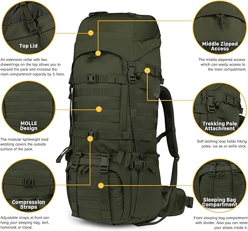Miniatura 3 de Mardingtop Mochilas Molle de 70L65L6510L con marco interno para senderismo con cubierta de lluvia para campamento mochileros
