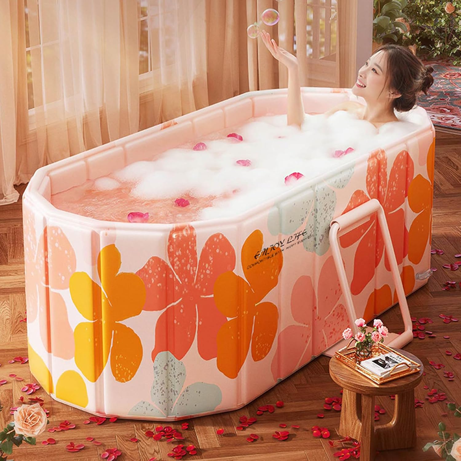 Portable Foldable Bathtub for Adults, Collapsible Portable Tub for Bathroom & Shower Stall, Space-Saving SPA Bathtub for Small Spaces, Quick & Effortless Folding Design (Pink)