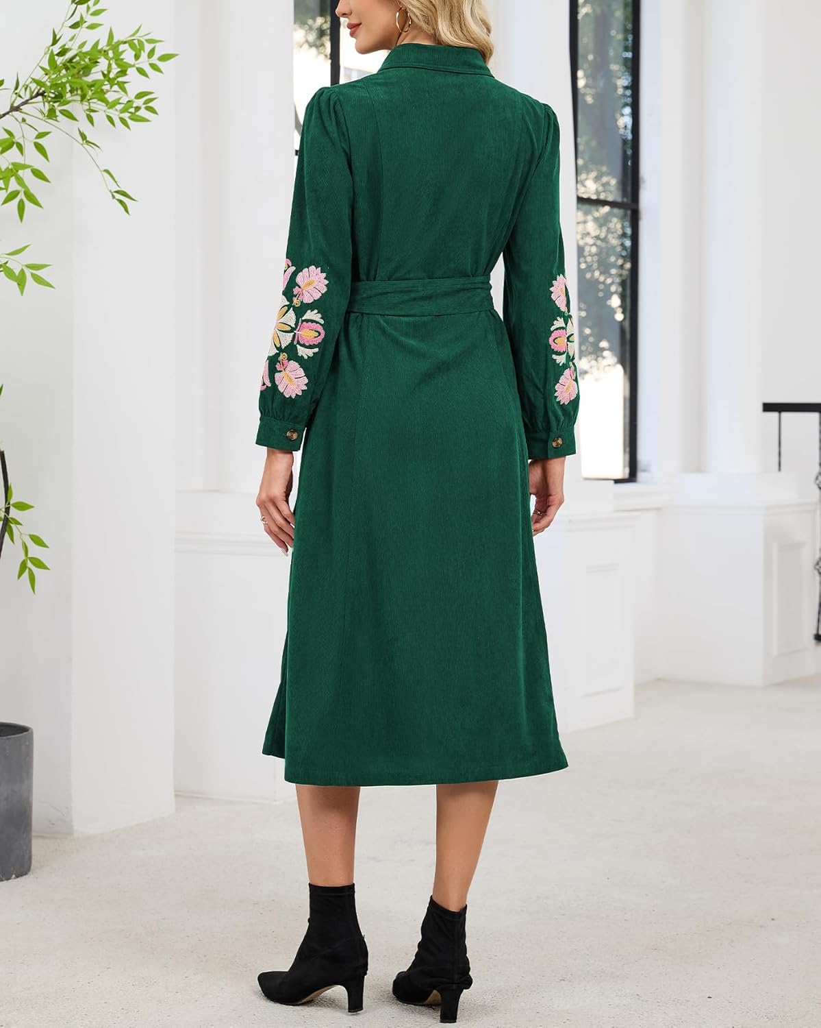 Women’s Corduroy Embroidered Maxi Shirt Dress Long Sleeve Button Down Belted Casual Spring Fall Western Long Dresses - Image 5