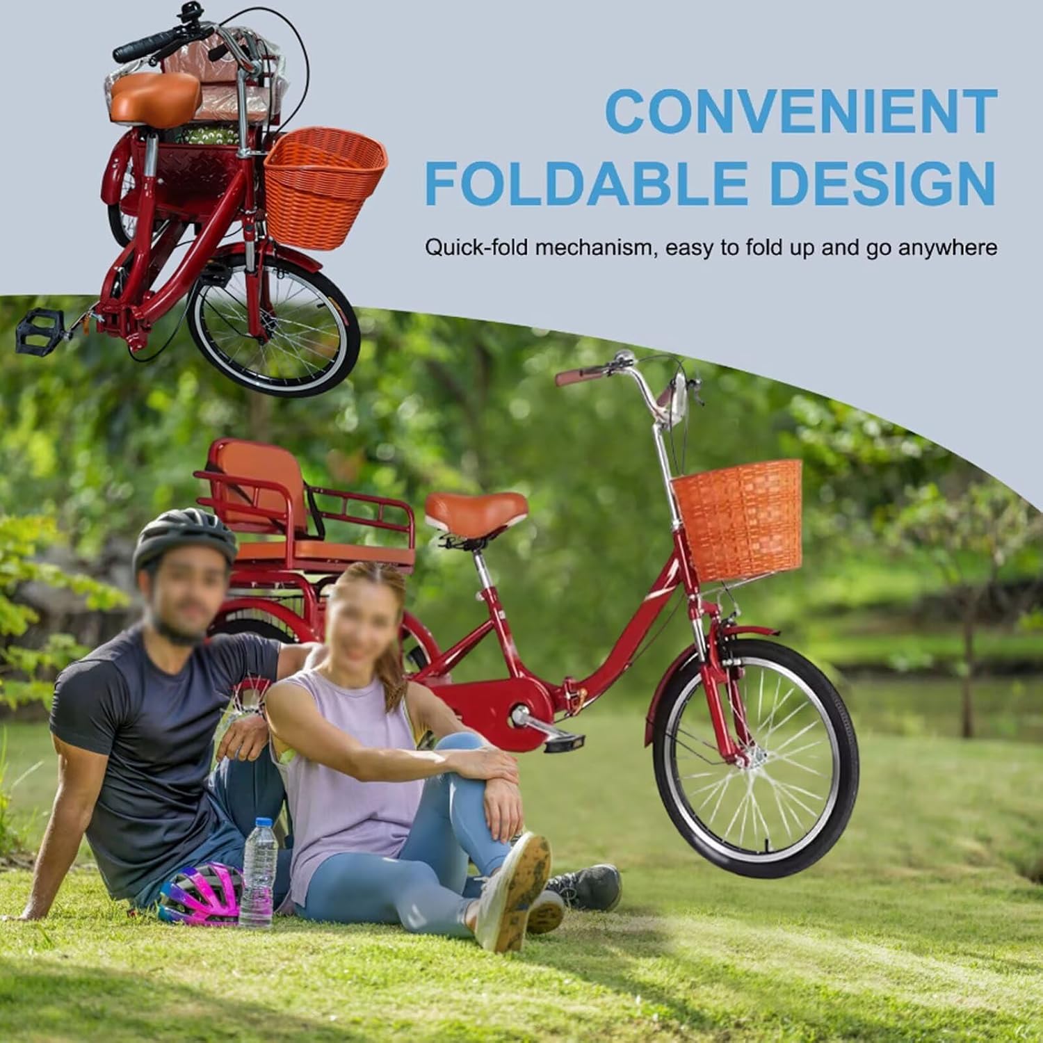 Folding Pedal Assist Trikes,Low-Step 3 Wheels Cruiser Bikes for Men,Women,Rear Seat Carry Passenger and Cargo,Dual Brakes,Adult Tricycle with Front Suspension