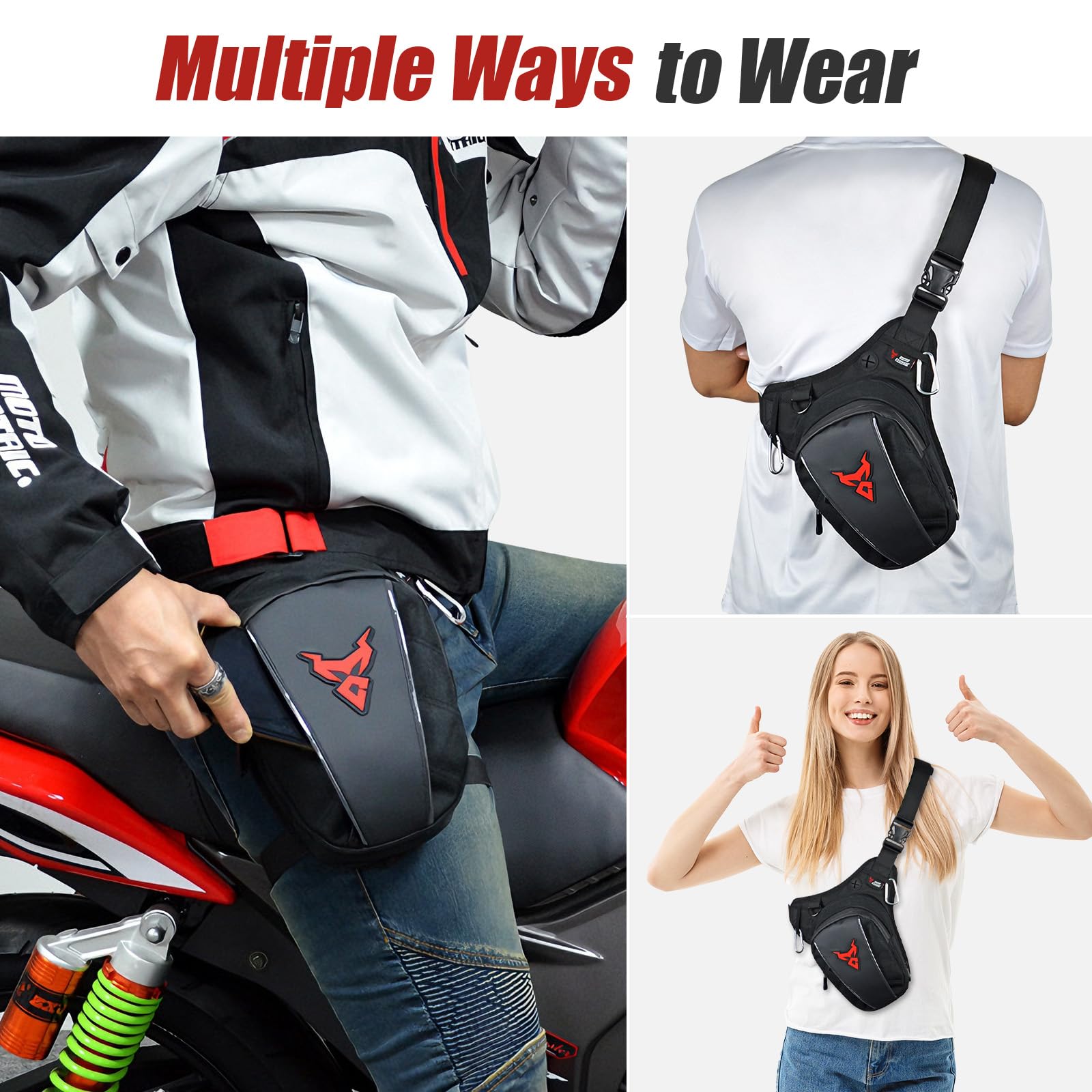 Torba na nogi, motocyklowa, biodrowa, nerka, dla mężczyzn i kobiet, wielofunkcyjna torba na nogi, do jazdy na rowerze, podróży, na zewnątrz, na motocykl, Czerwony, 29 cm (B) x 10-15 (T) (H