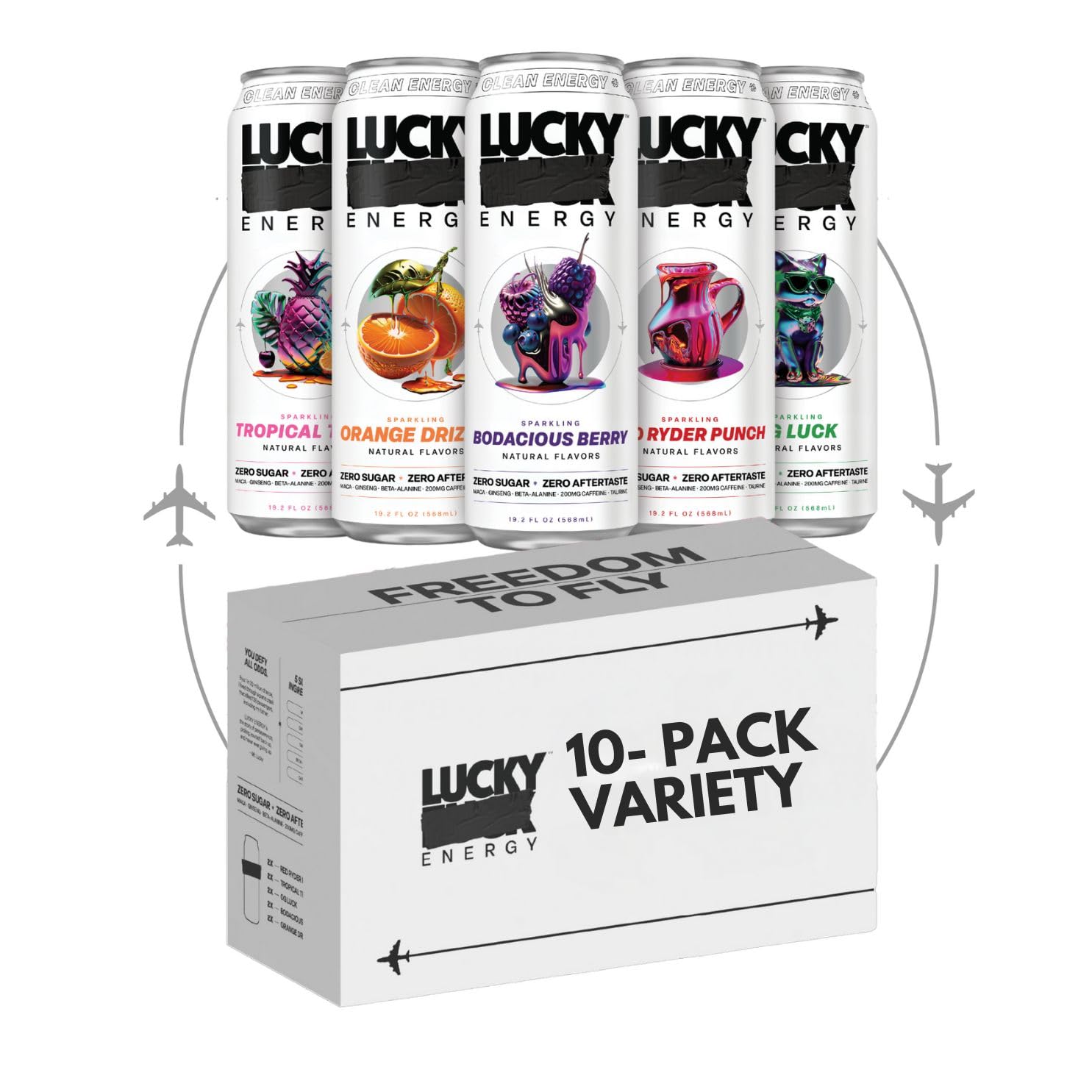 Lucky EnergySugar Free Energy Drinks 19.2 Fl Oz Cans (Pack of 10) Healthy Energy Drink Variety Pack With Five Flavors, with Maca, Ginseng, Taurine, Beta-Alanine, 200mg Caffeine (Packaging May Vary)